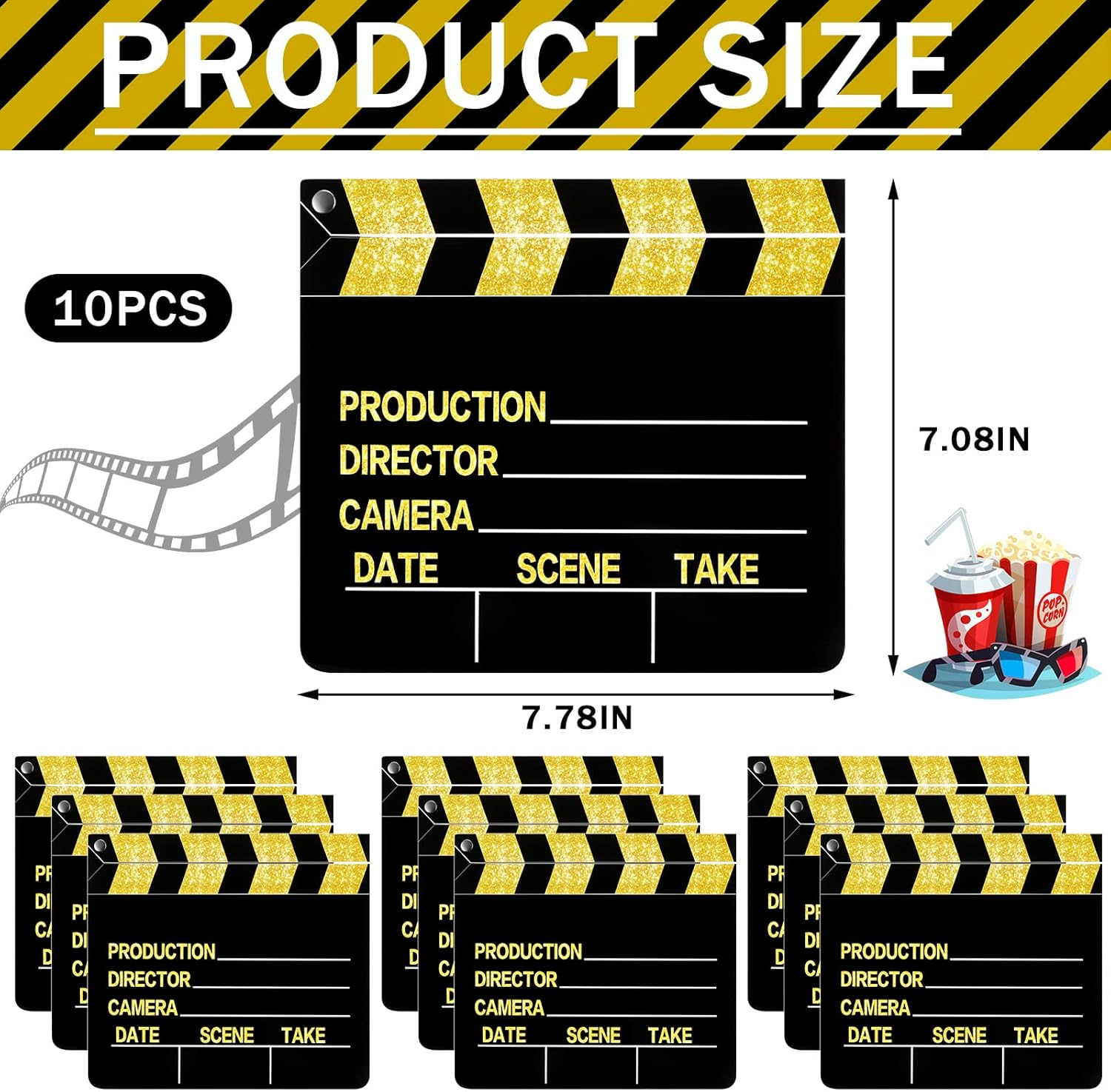 10 Pieces Film Clap Board, 7 X 8 Inch Cardboard Directors Clapper, Writable Cut Action Scene Board for Films, Photo Props (Gold) image number 4