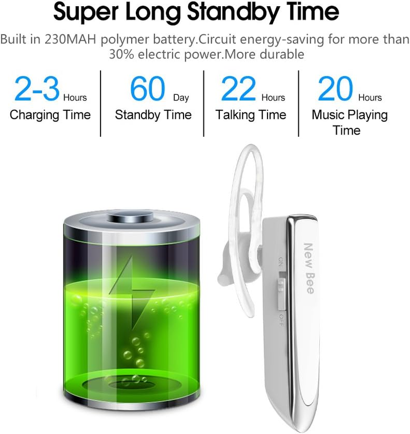 Bluetooth Headset Handsfree Wireless Bluetooth Earpiece New Bee Driving Earphone with Noise Cancelling Microphone 24 Hrs Talk Time Business In-Ear Headphones Earbuds for Apple Iphone X 8 7 6 6S, Samsung Galaxy, HTC, LG, SONY, PC, Laptop (White) image number 3