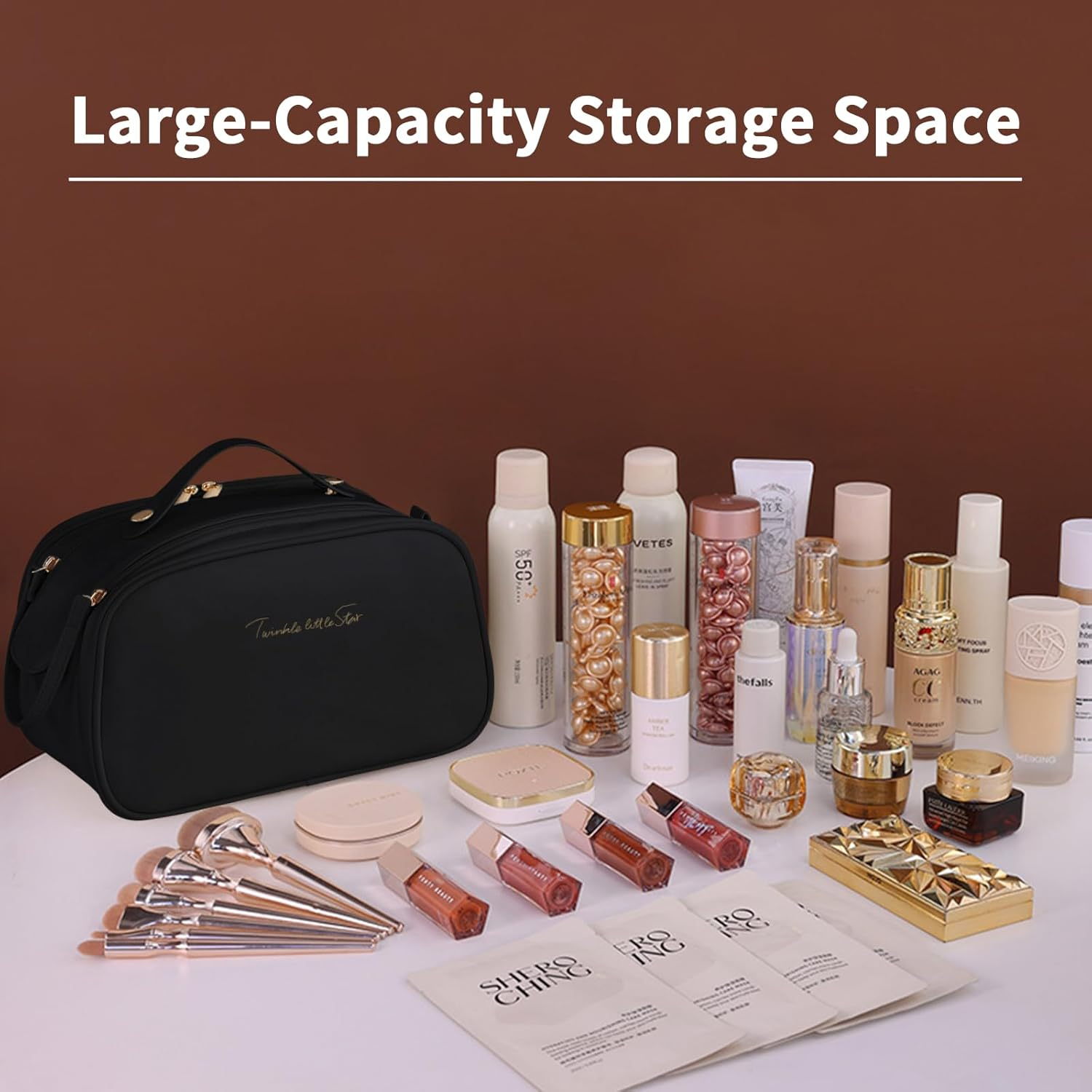 Ogetok Leather Makeup Bag for Women, Portable Travel Cosmetic Bags Zipper Make up Pouch for Ladies Woman, Large Toiletry Organizer Bag for Toiletries Cosmetics Accessories, Black image number 1