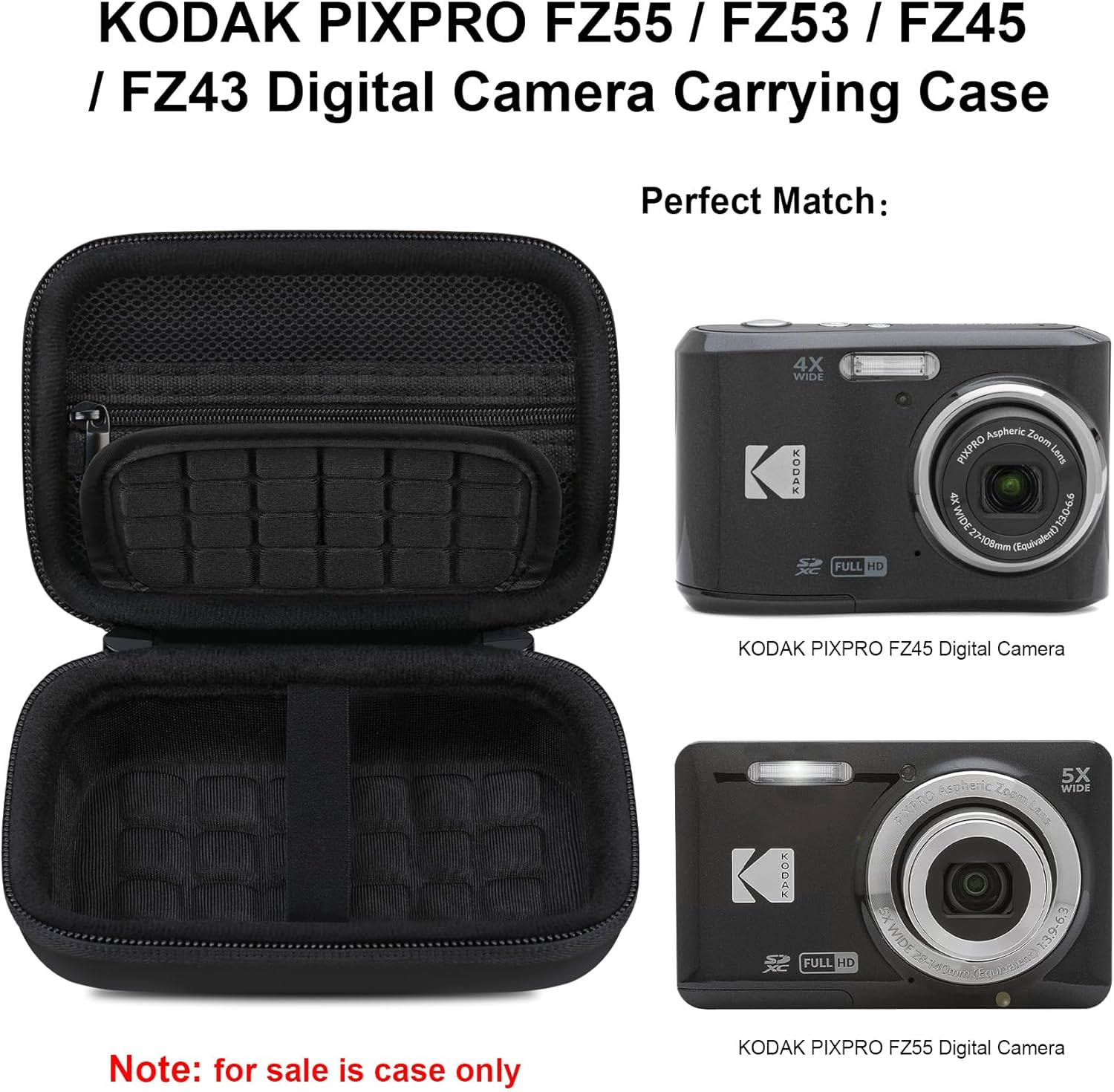 Elonbo Camera Carrying Case for Kodak PIXPRO FZ55 / FZ53 / FZ45 / FZ43 16MP Digital Camera, Vlogging Camera Storage Holder Trave Bag, ​Mesh Bag Fits Batteries, Cable, Memory Card, Card Reader, Black - Grey image number 2