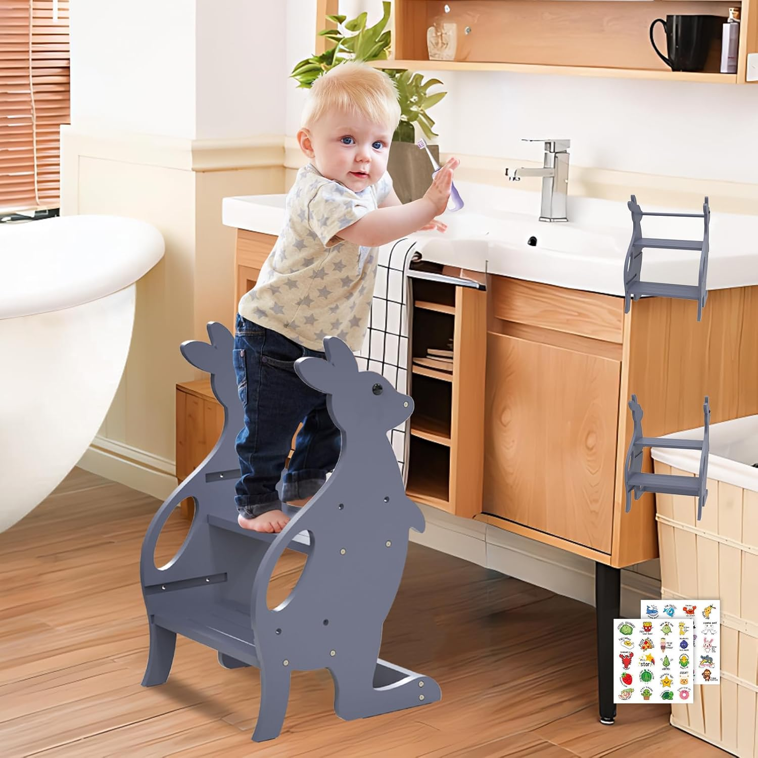 Wooden Kitchen Step Stool Helper for Bathroom Sink, Adjustable 2 in 1 Toddler Tower with Safety Rail and Anti-Slip Steps, Kids Learning Standing Tower for Counter, Toilet Potty Training (Natural)