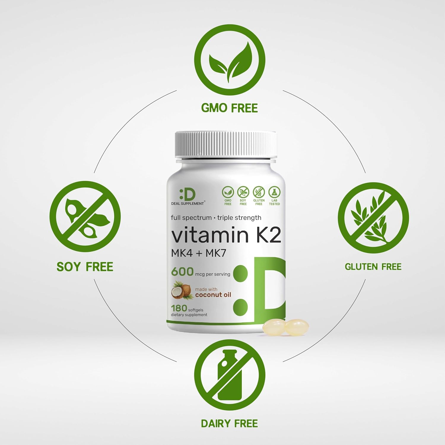 Vitamin K2 Supplement 600Mcg, 180 Virgin Coconut Oil Softgels &ndash; Full Spectrum MK-7 & MK-4 Forms, High Absorption, Triple Strength K Vitamins &ndash; Bone, Joint, & Immune Support &ndash; Non-Gmo image number 2