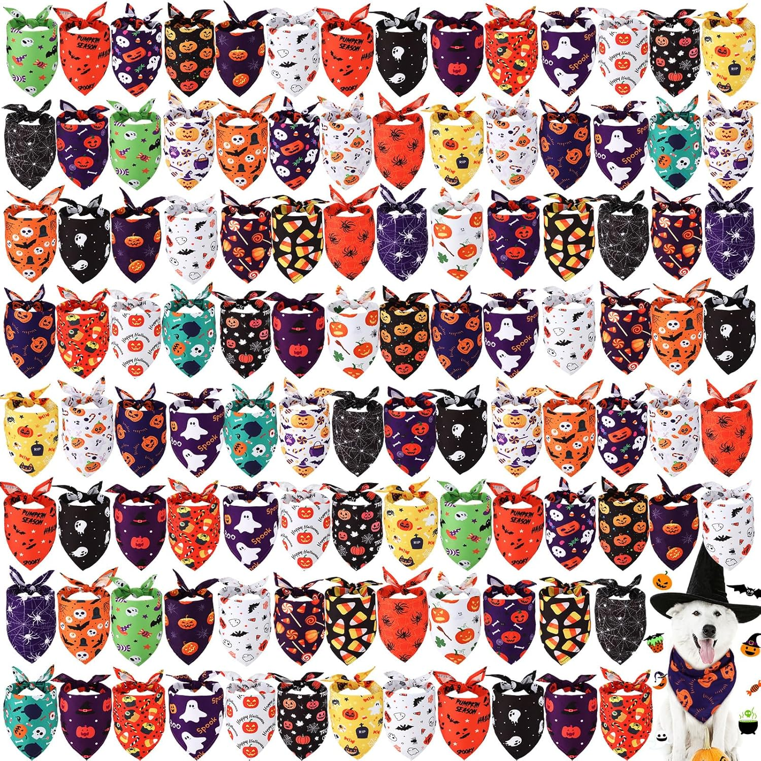 Sanwuta 100 Pcs Halloween Dog Bandanas Bulk Pumpkin Bat Spider Skull Pattern Dog Bandanas for Dogs Triangle Bibs Scarf for Small Medium Large Pet Christmas Costume Accessories(Large) image number 2