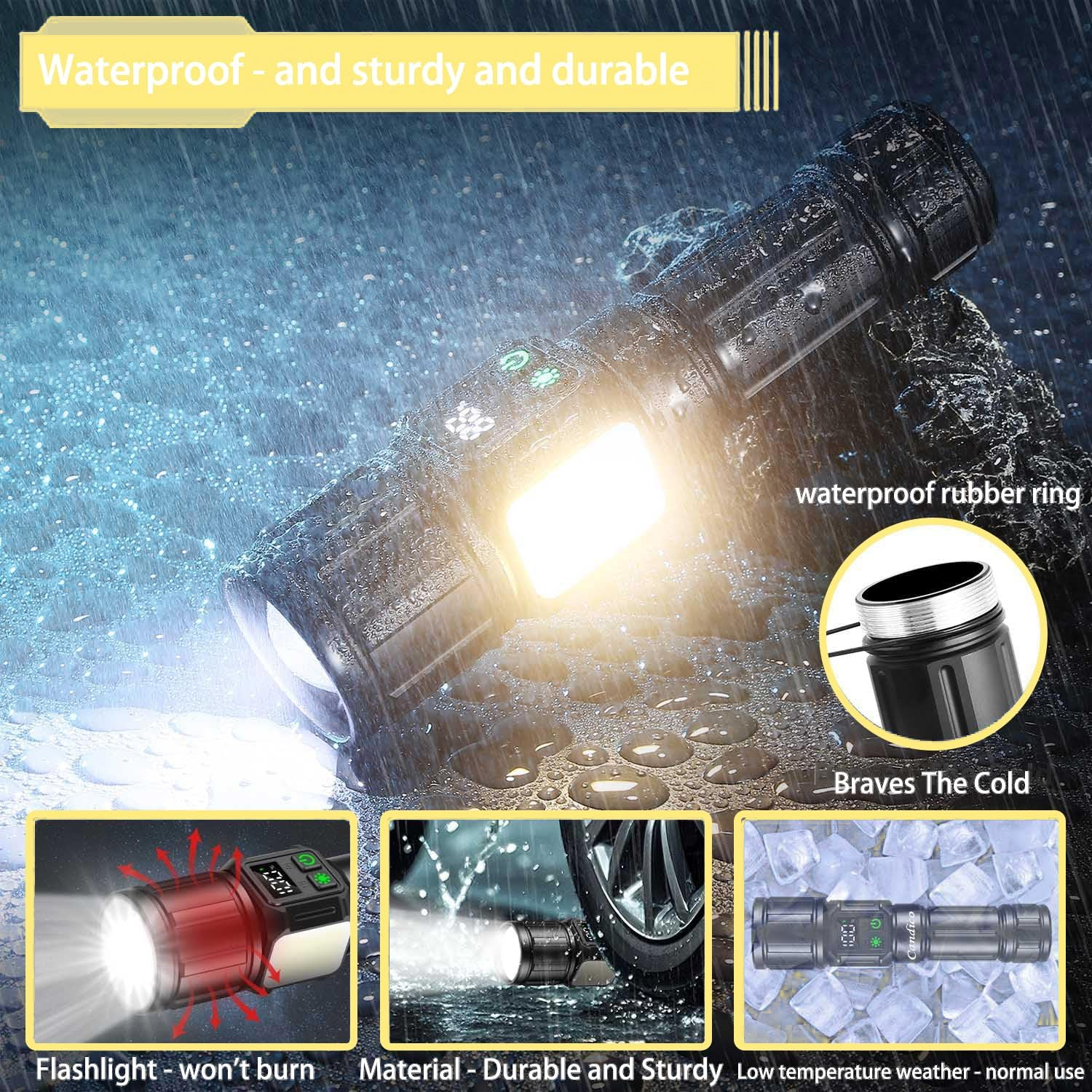 LED Torch Rechargeable Flashlight,9 Modes High Lumen with Magnetic Base Zoomable 5000Mah Battery Handheld Torches with Cob Side Light,Ipx4 Waterproof,Used for Outdoor Camping Accessories,Home Use image number 2