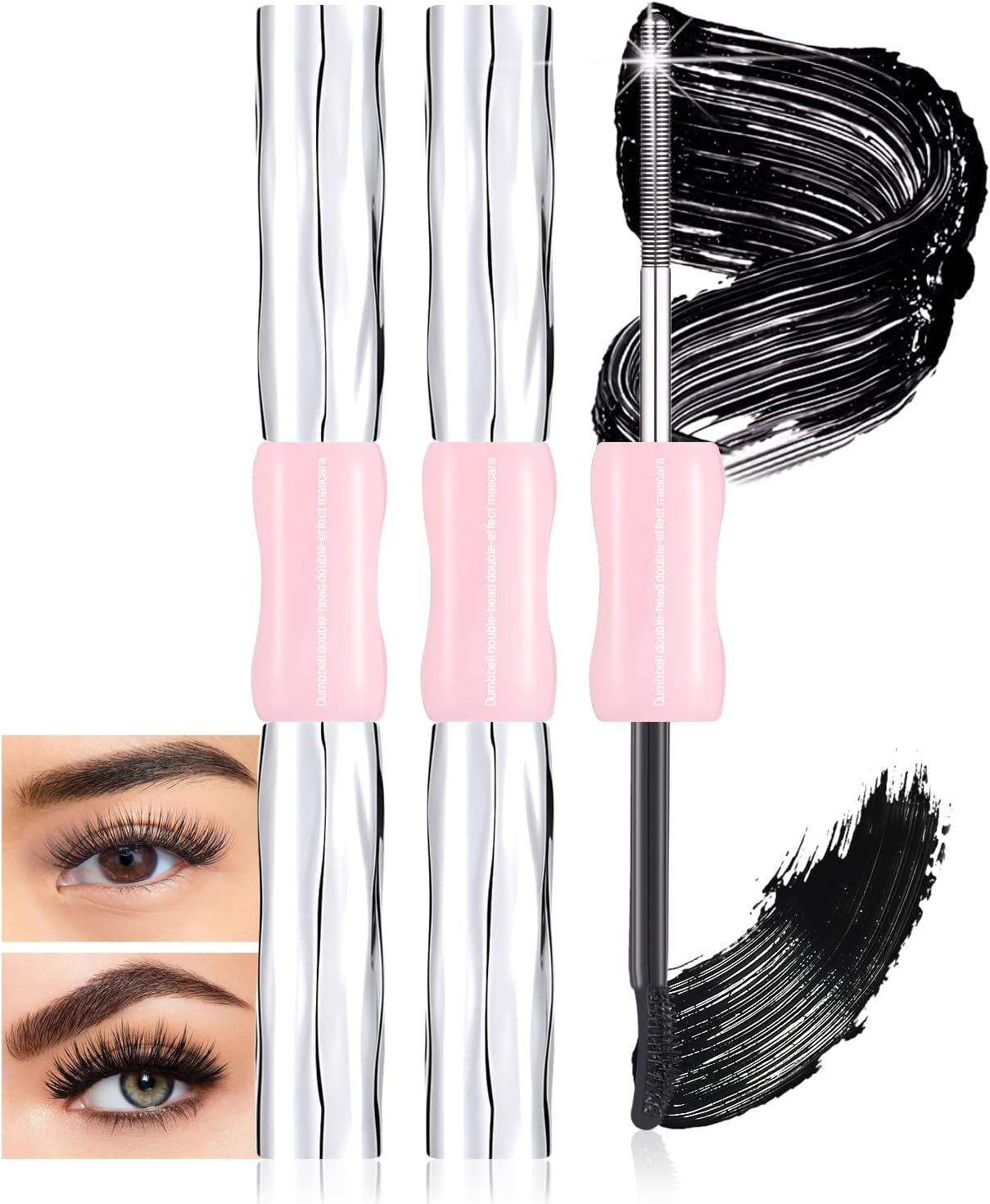 DAGEDA Double-End Metal Mascara, Iron Wand Mascara Waterproof, 3D Curling Eyelash Mascaras Brushless Brush Washable, Smudge Proof, Non-Clumping, Long Eyelashes Iron Eye Makeup, Black