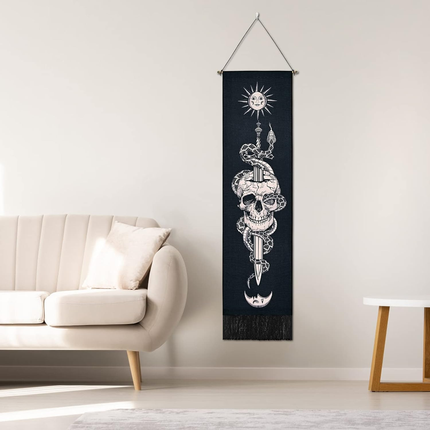 Uspring Skull Tapestry Sun and Moon Tapestry Skeleton Snake Tapestries Vertical Sword Tapestry Black and White Tapestry Wall Hanging for Room (Black, 12.8 X 51.2 Inches) image number 2