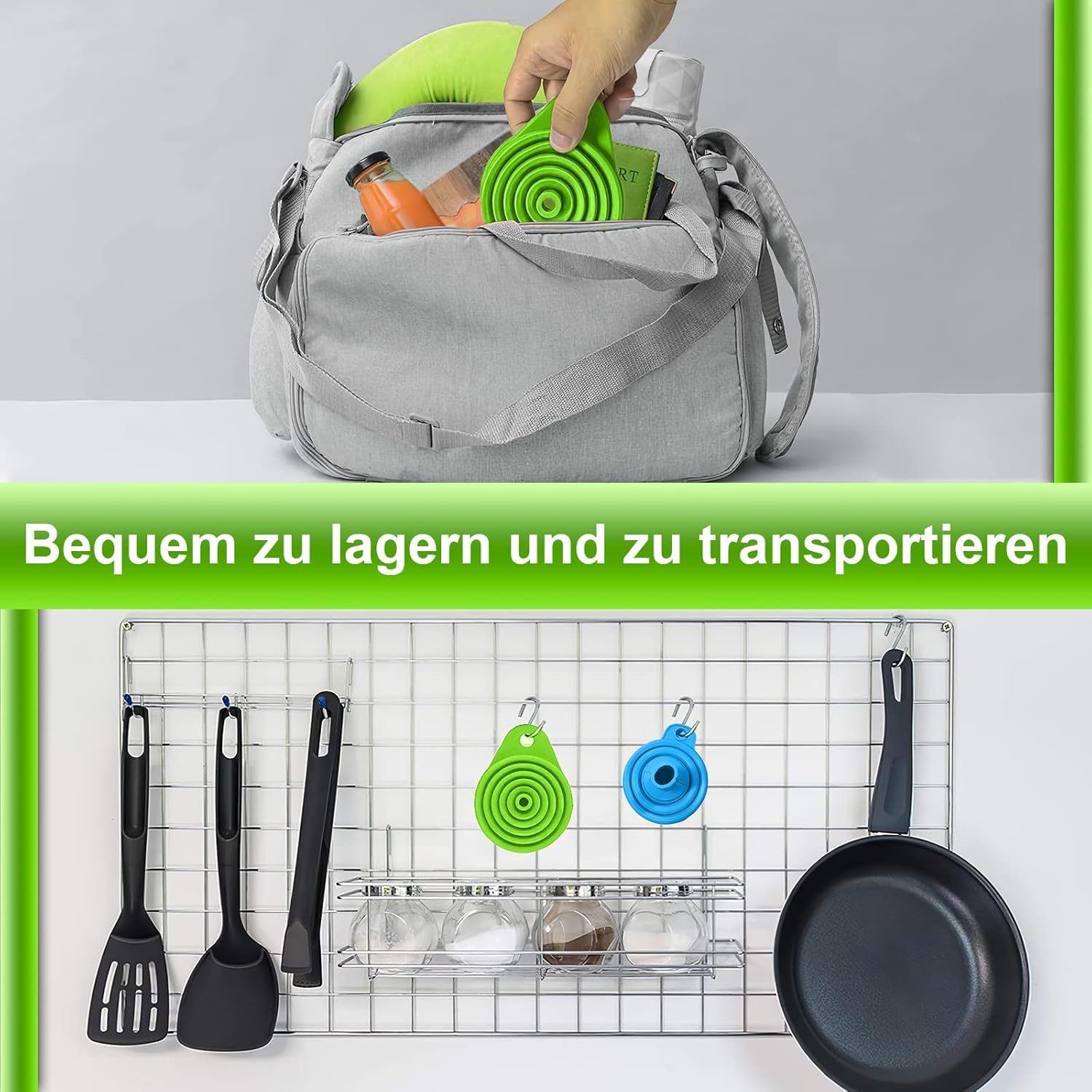 Silicone Collapsible Funnel, 4 Pcs Foldable Kitchen Funnels, Kitchen Funnel with 4 Pcs Transparent Adhesive Hooks for Filling Bottles, Liquid, Powder Transfer (Orange,Red,Blue,Green) image number 5