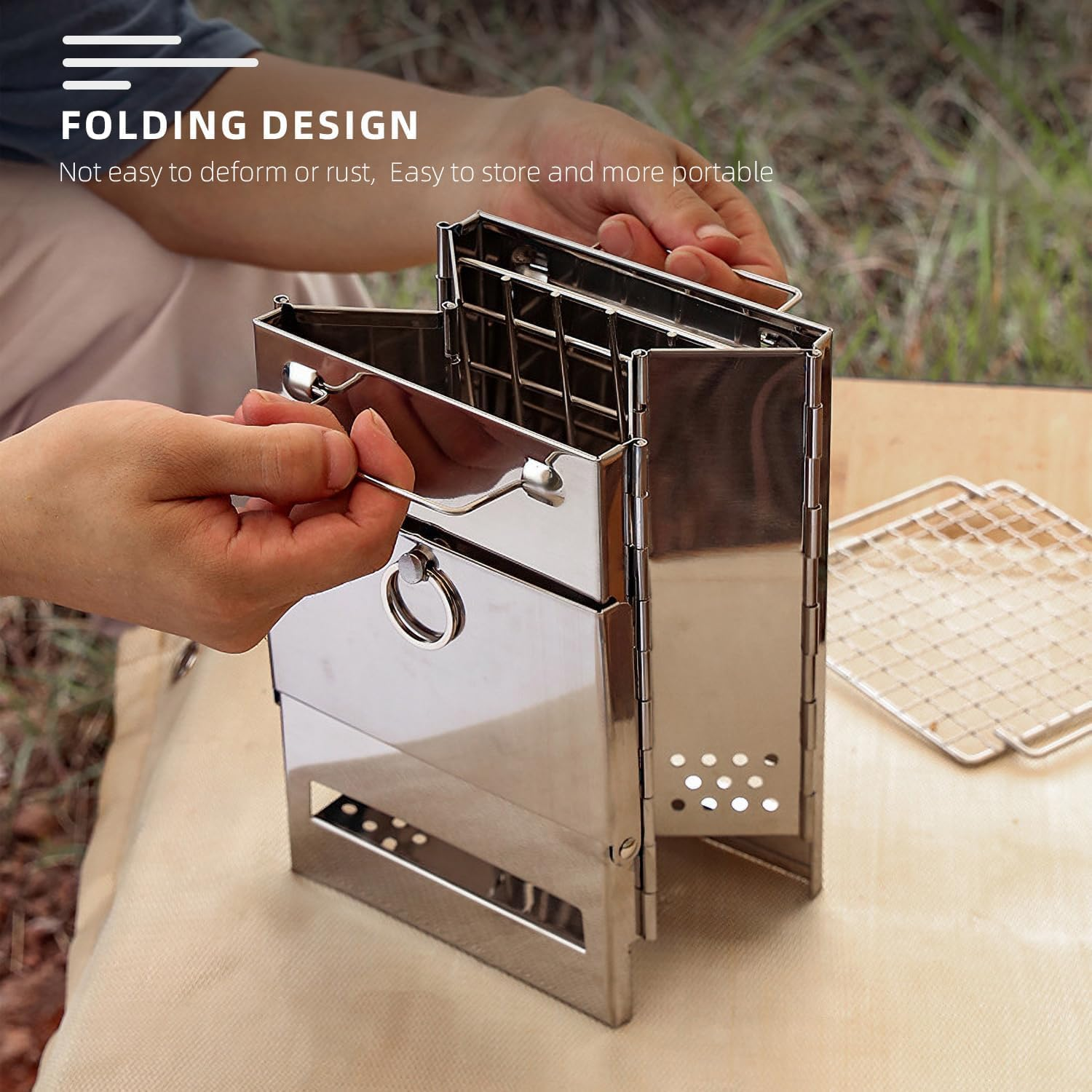 Wood Burning Camp Stove Folding Stainless Steel, Portable Fire Pit Camping Wood Stove with Grill for Hiking Cooking Picnic BBQ (Medium) image number 1