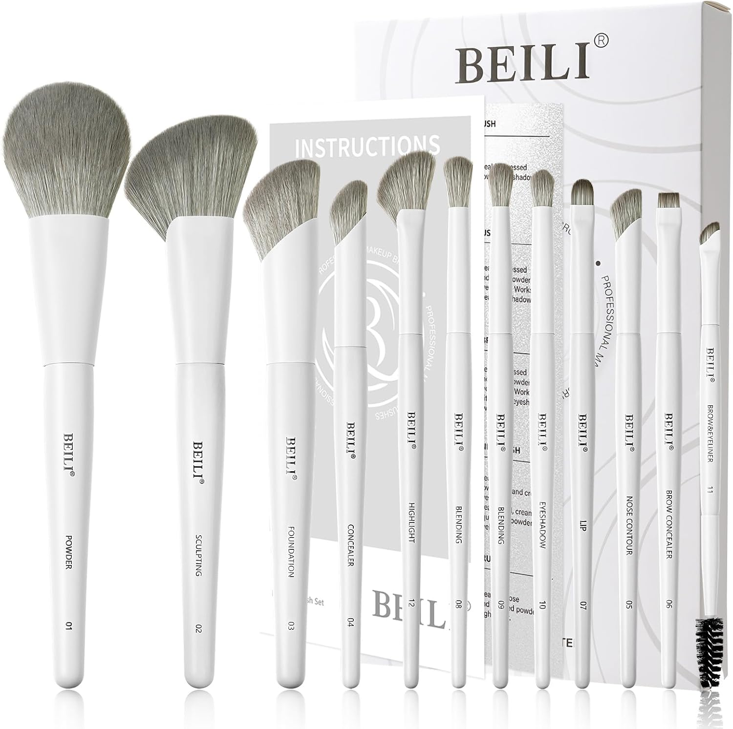 BEILI Makeup Brush Set,White Makeup Brush Set, 12 Vegan Makeup Brushes for Powder Foundation, Concealer, Eyebrows, Eyeshadow, Contour, Eyeliner, Blender Eye Brush (White) image number 1