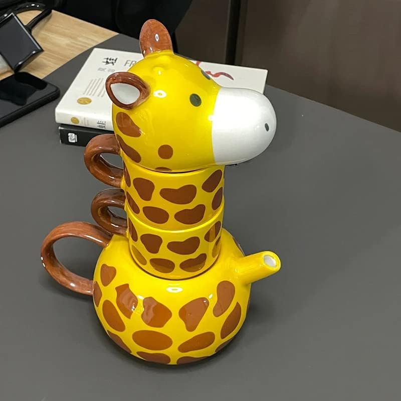 Rora Giraffe Ceramic Tea Pot with 2 Tea Cups Set, Hand-Painted Porcelain Teapot Set for Coffee Latte Milk Tea Flower and Fruit Tea （17 Oz/500 Ml）