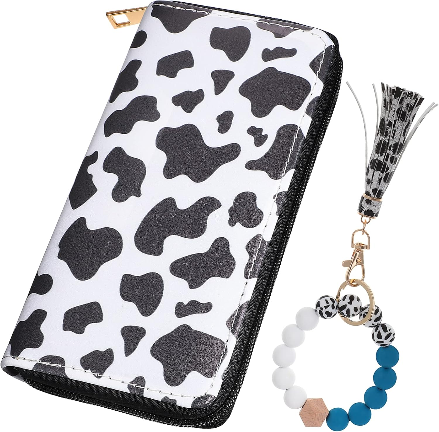 MOBUTOFU Cute Cow Pattern Long Wallet Card Holder Beaded Bracelet Keyring for Women image number 6