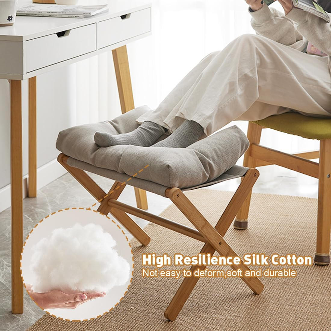 Huaniun Folding Foot Rest Cushion, Small Portable Bamboo Accent Ottoman, Footstool with Detachable Cotton Cushion Padded Comfort Foot Stool for Reading, Gaming, Office and Home image number 1