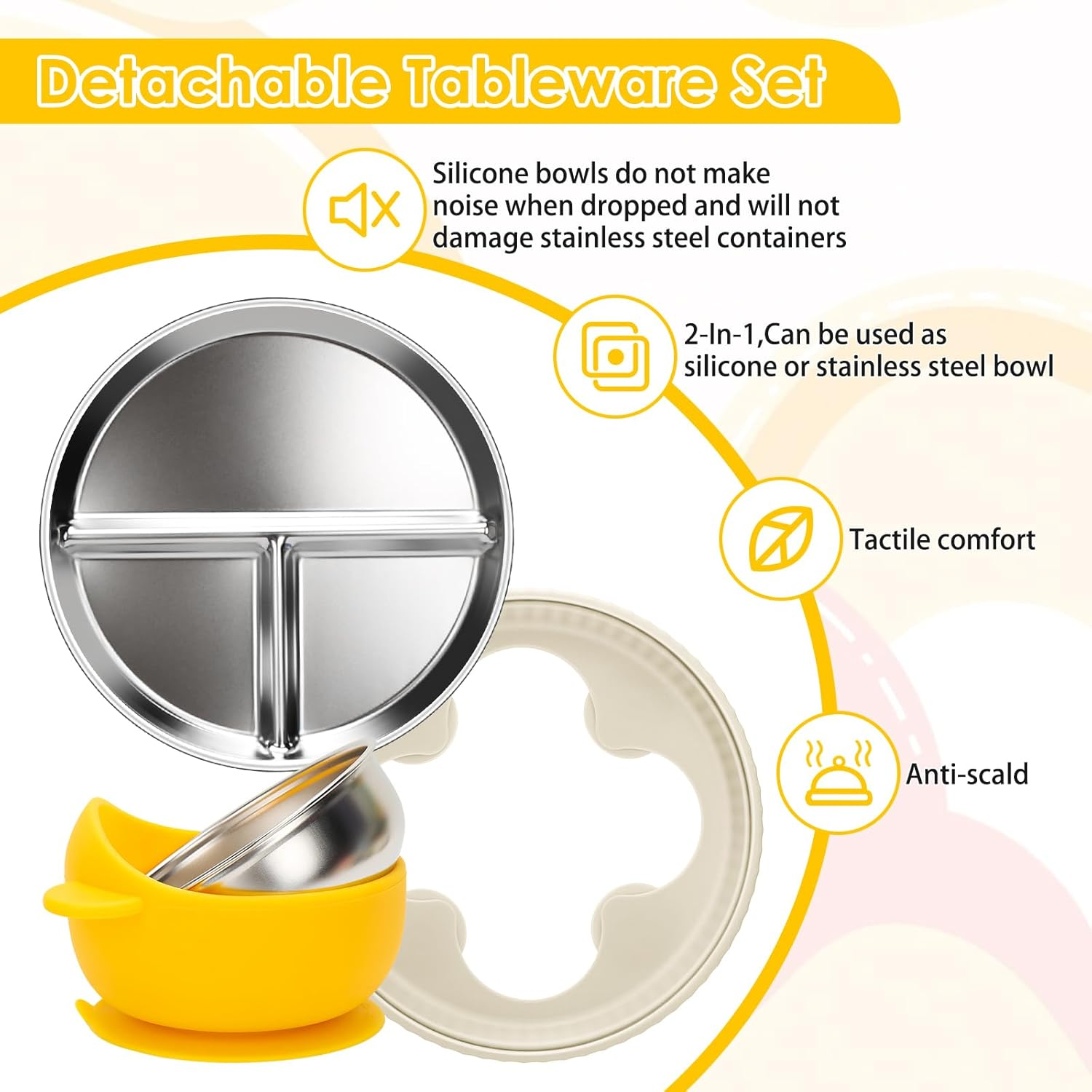 Baby Stainless Steel Feeding Set - 2 Four Leaf Clover Plate + 2 Bowls with Removable Silicone Lids | 100% Food Grade 304 Steel | Dishwasher Safe Toddler Tableware (Pink & Yellow) image number 4