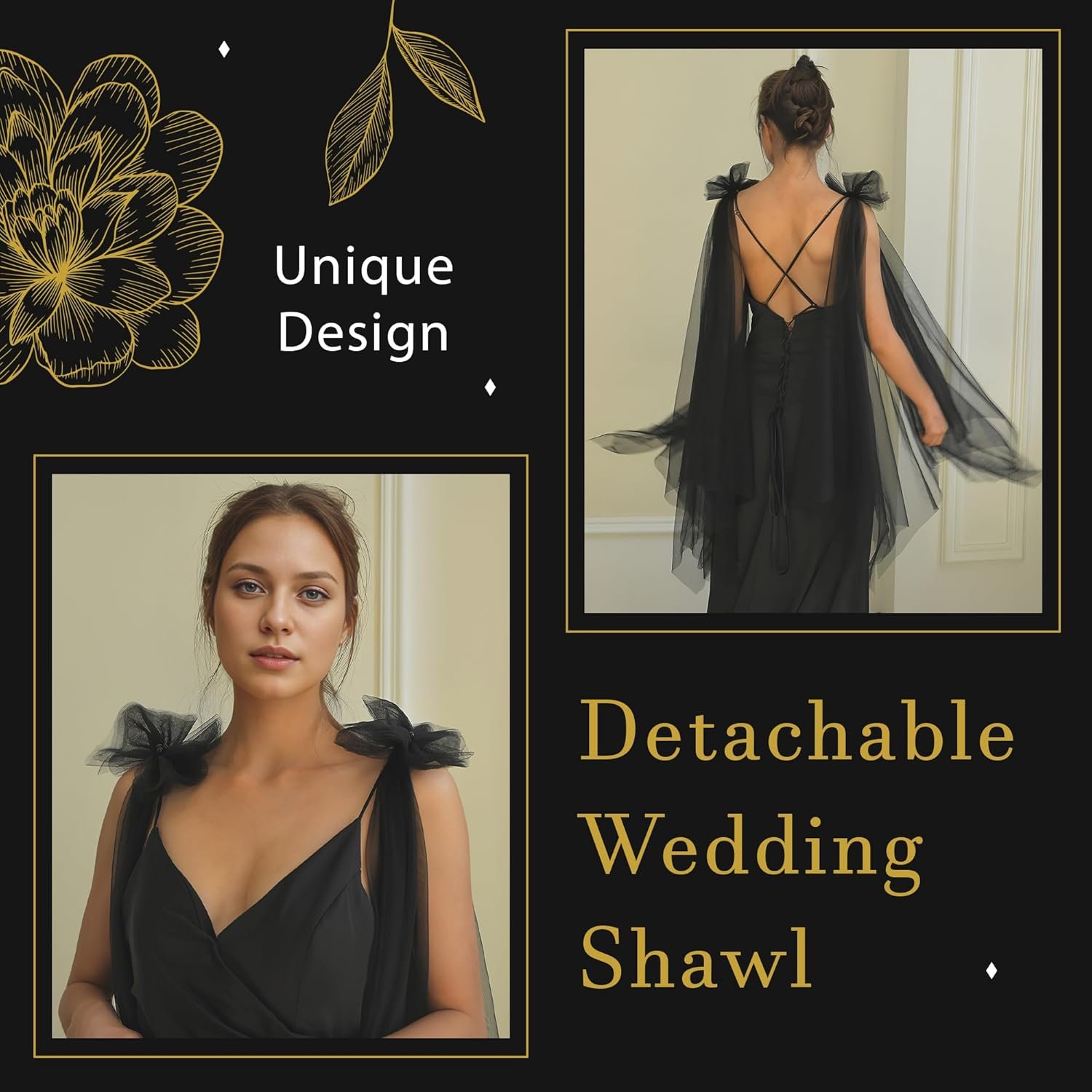 YAEISM Black Shoulder Cover for Dress Long Bow Dress Cover up Formal Detachable Tulle Wedding Shawl Evening Dresses for Women and Girls image number 1