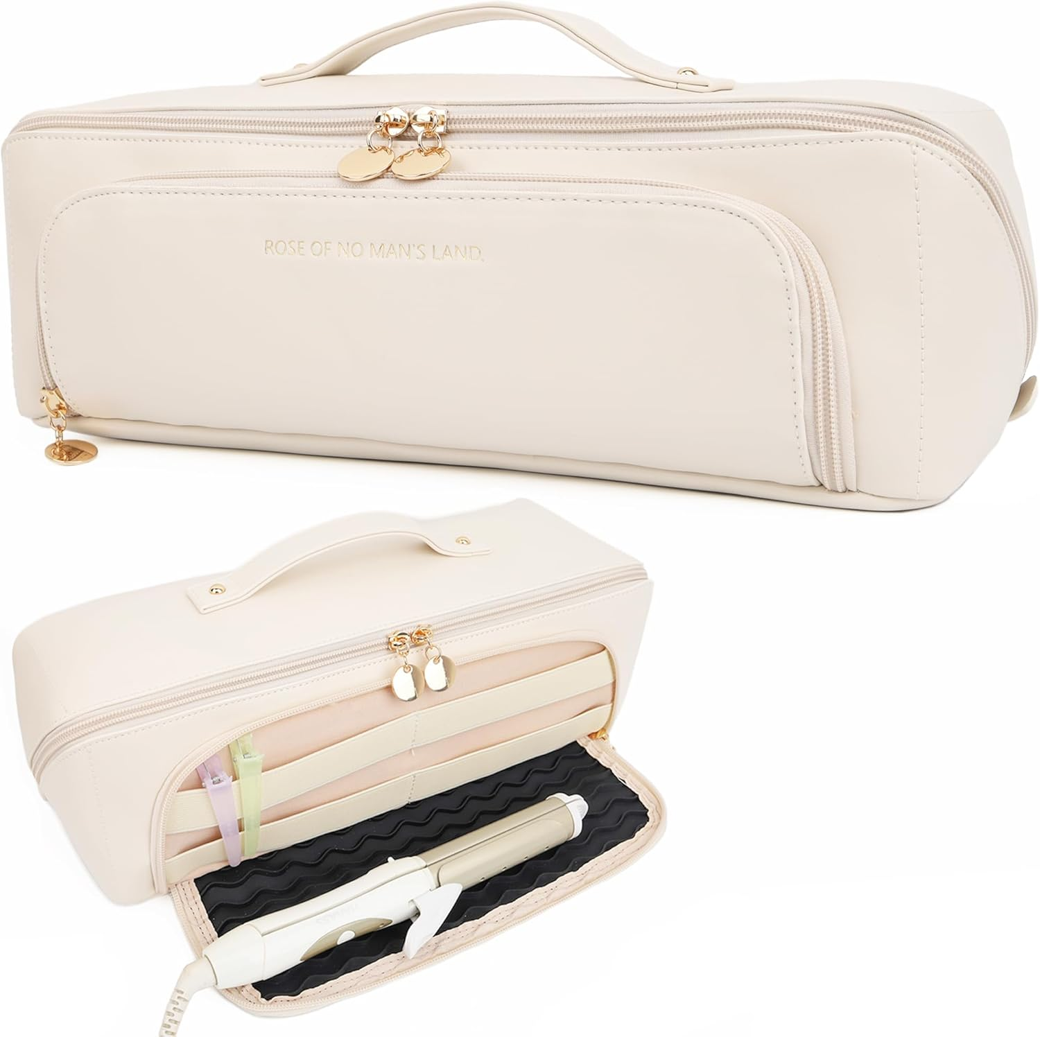 Linpr Hot Hair Tools Travel Bag with Heat Resistant Silicone Mat, Women Travel Essentials Organizer Case for Straighteners, Curling Irons, Hot Air Brushes, Hair Dryer Storage Bags 2 in 1 (White) image number 3