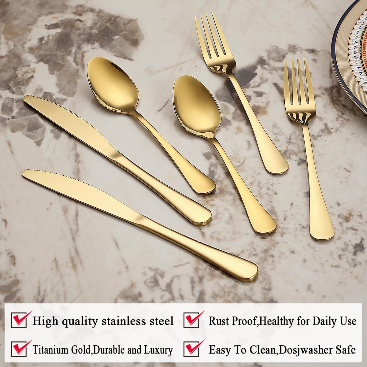 Gold Cutlery Set 36 Pieces Service for 12, Stainless Steel Knives Spoon Forks Set for Wedding, Parties, Evens, Home, Thanksgiving, Christmas image number 4