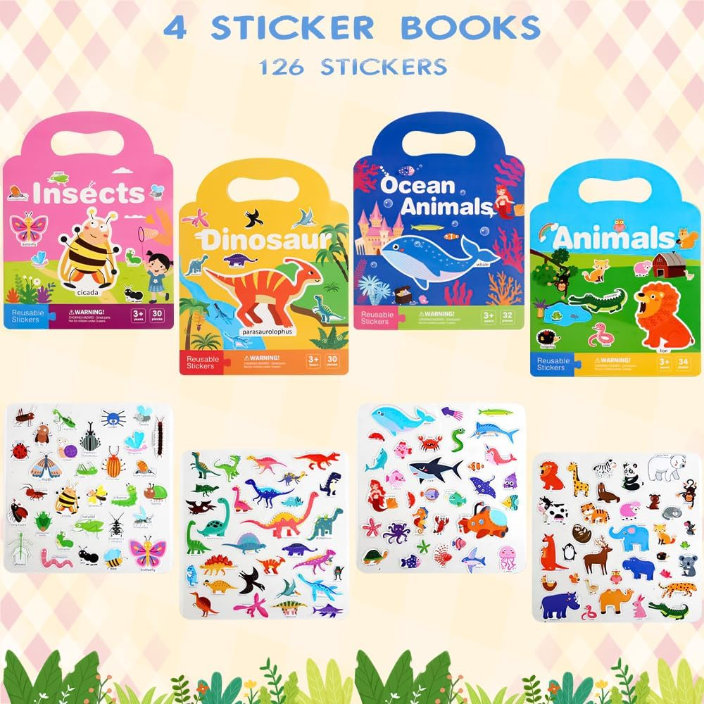 4 Pack Reusable Puffy Sticker Books for Kids, Yakiter Reusable Sticker Book for Kids 2-4, over 126+ Puffy Stickers, Includes Animals, Dinosaurs, Insects, Ocean Animals Themes image number 6