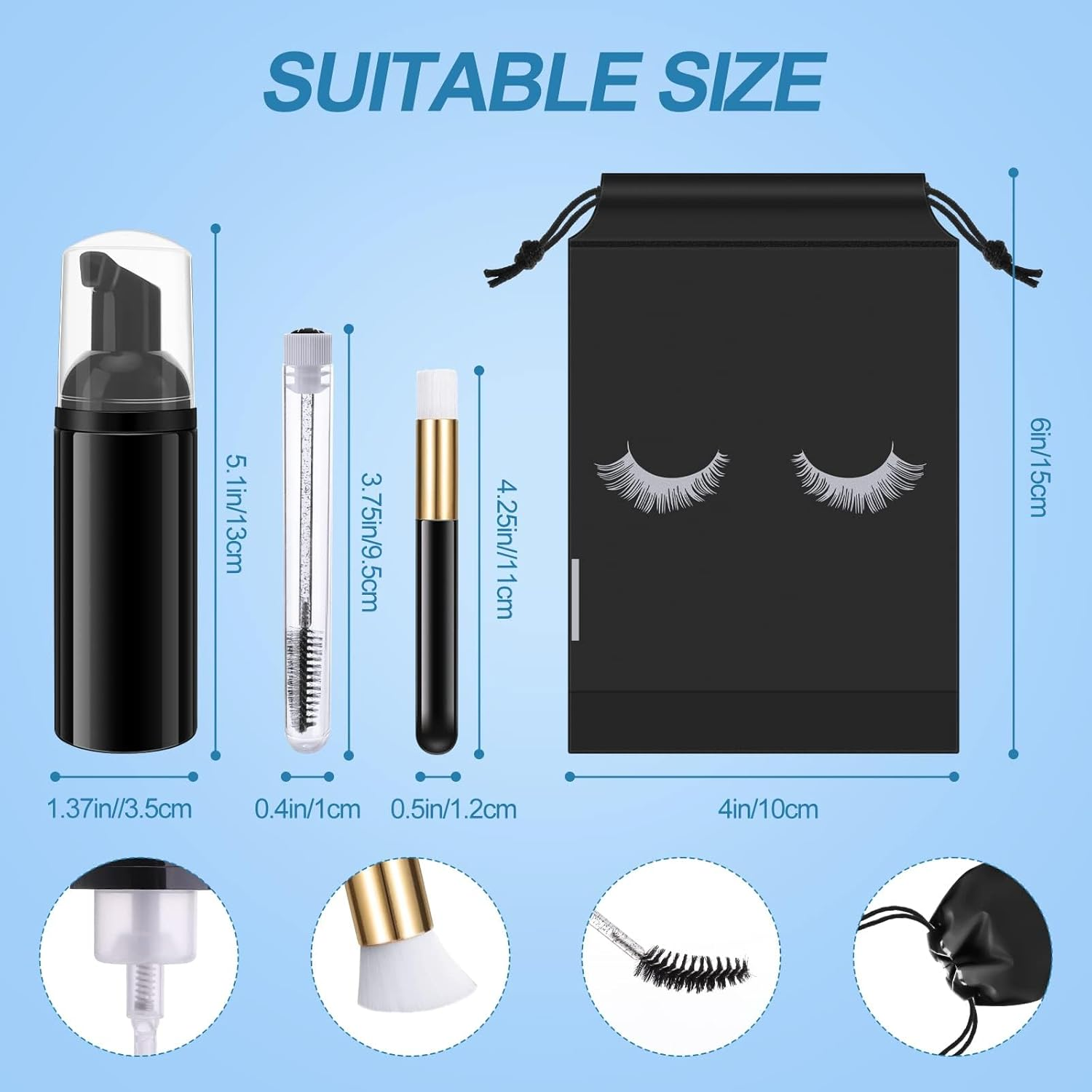 PAOFUFUI 40 Pcs Lash Shampoo Bottle Brushes & Dispensers Set, 10 Pcs Lash Brushes, Tubes & Aftercare Bag for Clients, Women (Black) image number 5