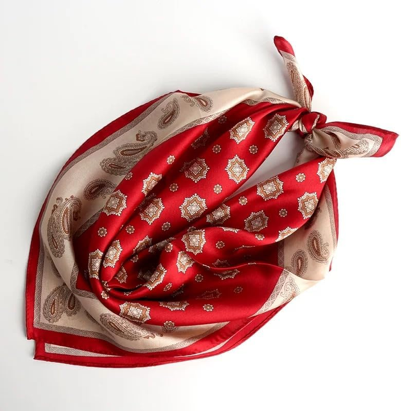 ANDANTINO 100% Pure Mulberry Silk Small Square Scarves -21'' X 21''- Digital Printed Neckerchief Women Men Lightweight Scarf - 01 Red Leopard image number 3