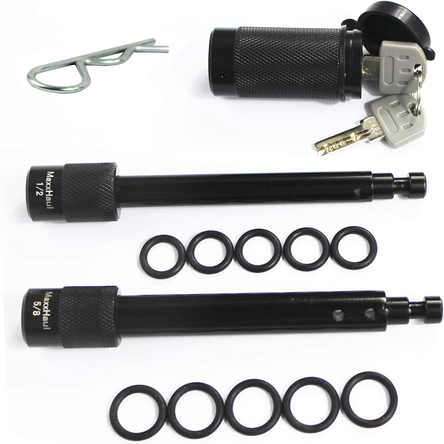 Maxxhaul 50151 Trailer Hitch Lock Pin Set 5/8 and 1/2 Inch with Locking System Anti-Rattle for 1-1/4" and 2" Class I,II,III,IV,V Hitches - Black Finish