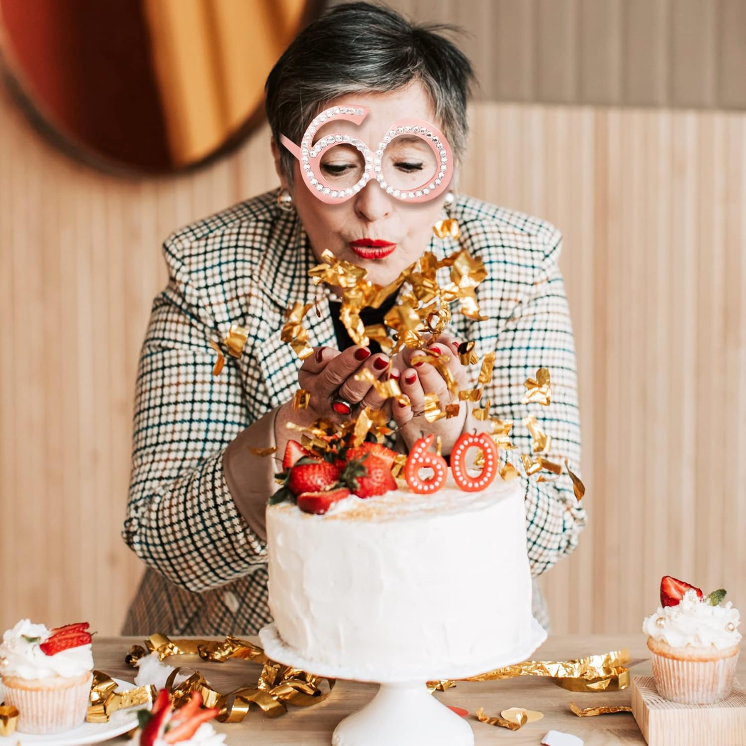 60Th Birthday Glasses - 6 Pairs Rose Gold 60 Years Old Glasses with Rhinestones Frame, Funny Plastic Costume Photo Booth Props for 60Th Anniversary Party Decorations image number 2