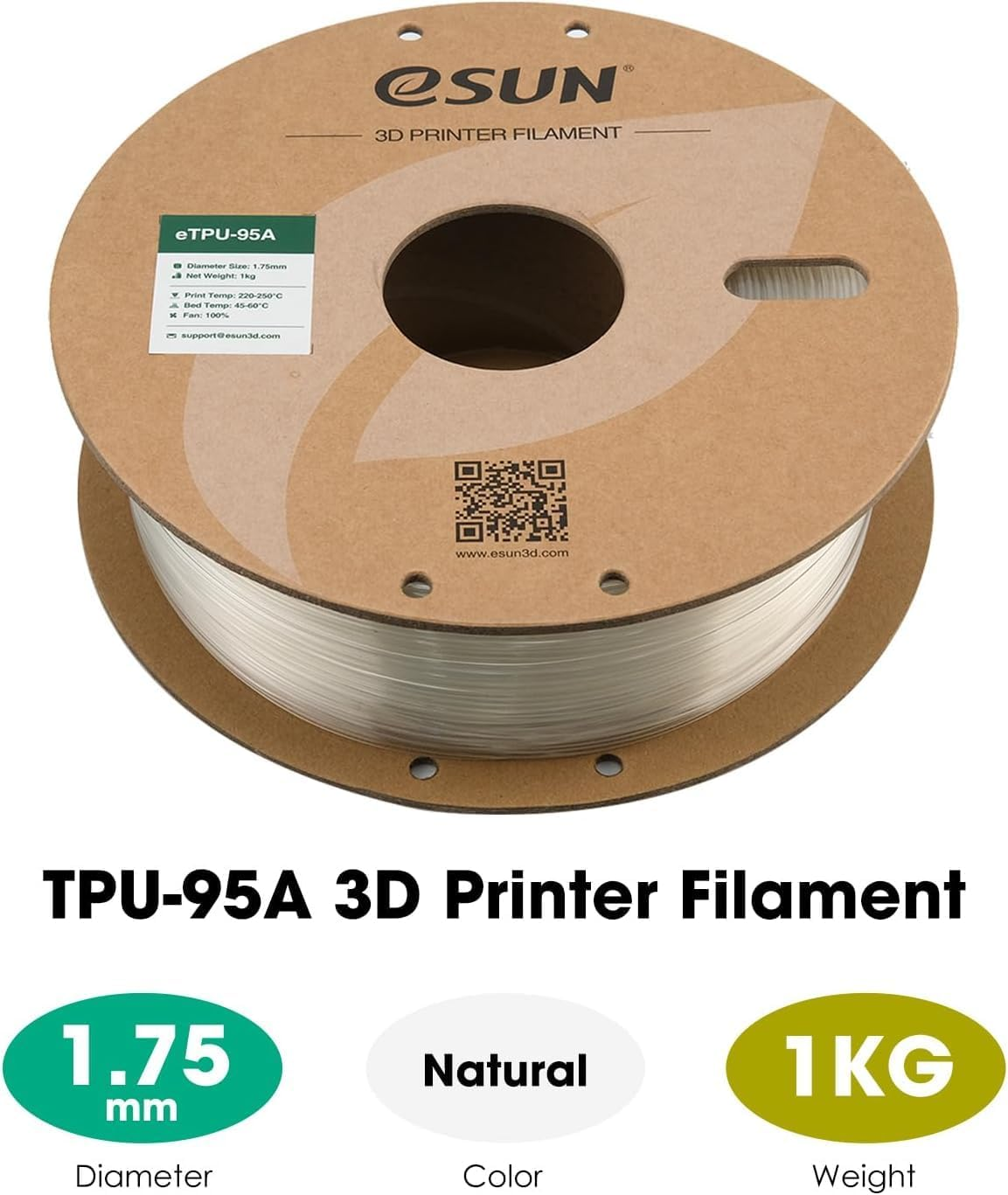 Esun 3D Printing Filament TPU TPE 95A Spool 1.75Mm 1KG Dimensional Accuracy +/- 0.05Mm for 3D Printers,Clear image number 4
