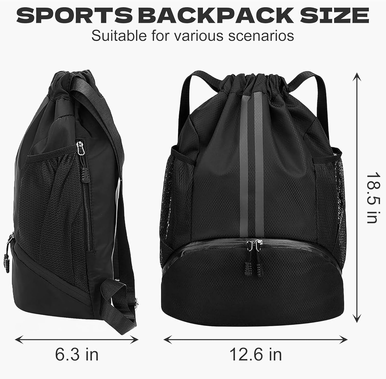 Sports Drawstring Gym Bag with Shoe Bag, Waterproof Drawstring Bag with Wet Pocket & Mesh Bottle Pockets for Women Men, Sport Bag for Swim Travel Fitness Workout image number 5