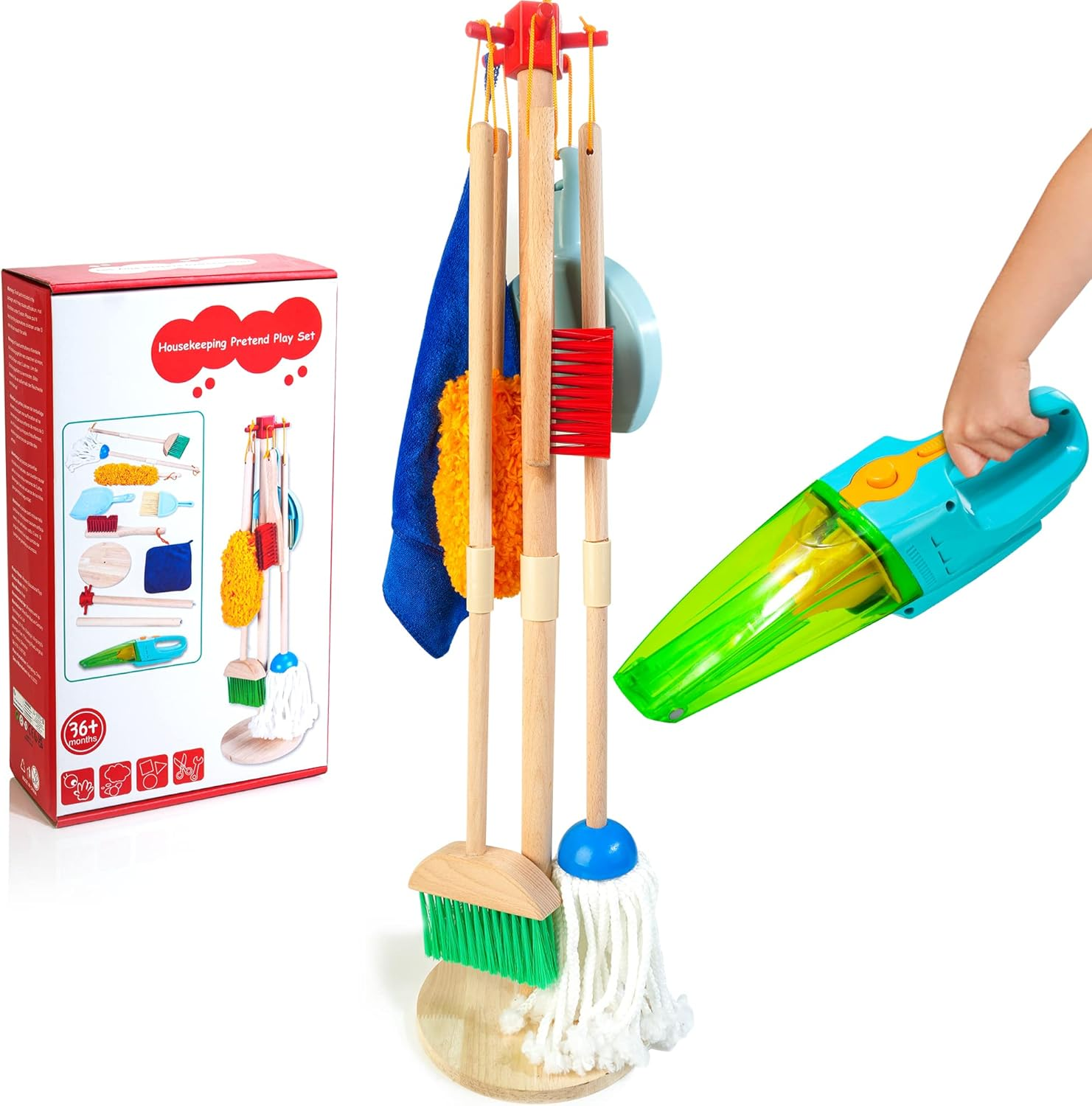 Kids Cleaning Set with Electric Vacuum Cleaners, Wooden Pretend Play Housekeeping Set, Toddler Cleaning Toys for Girls Boys Age 3+ image number 2
