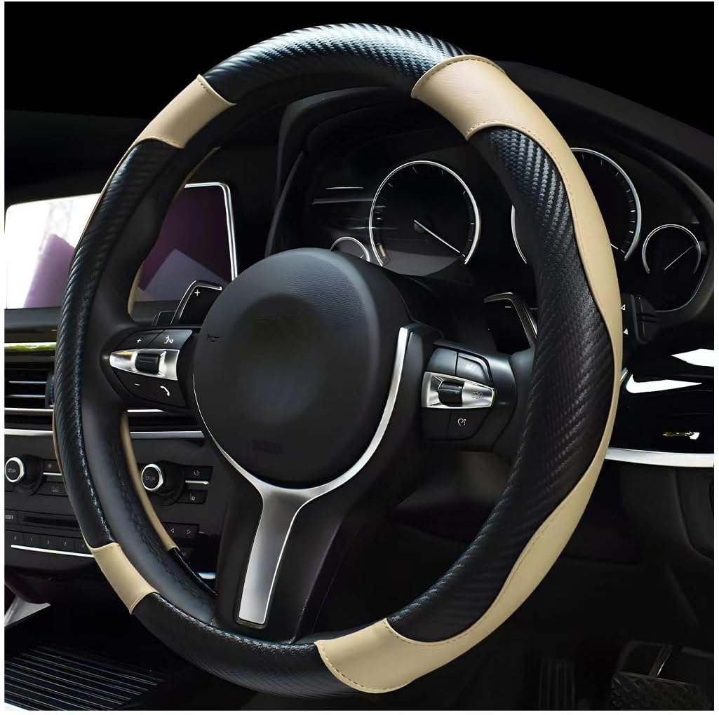 DXNQ Car Steering Wheel Cover, 15 Inch Carbon Fiber Leather Stitching Color Steering Wheel Protector, Anti-Slip Elastic Breathable Steering Wheel Cover Stylish Decor for Most Cars (Black&Red)