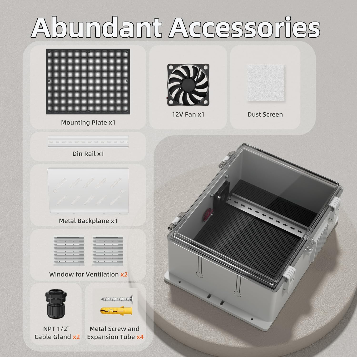 Joinfworld White Outdoor Electrical Box Waterproof Clear Enclosure, 16X11X6 ABS Plastic Wifi Box with Fan Vented Dust Screen image number 2
