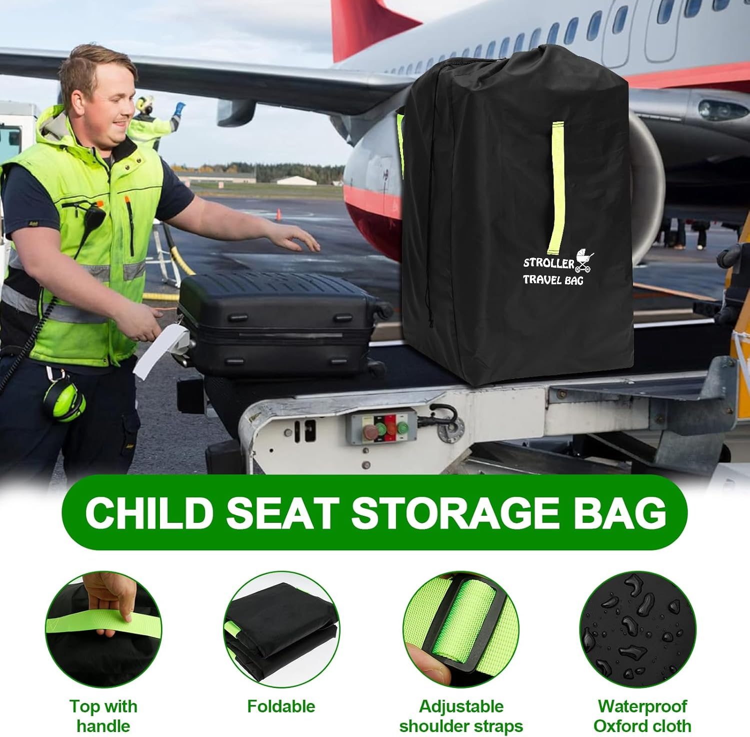 Stroller Bag for Airplane Travel Waterproof Oxford Cloth Baby Car Seat Travel Bag with Adjustable Shoulder Strap Fit Convertible Car Seat, Gate Check Bag Cover for Airplane (Black- 1Pack) image number 5