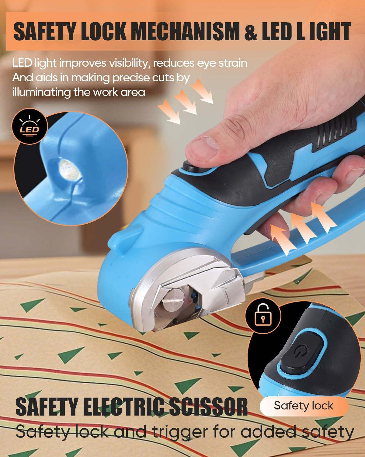 SWNEPOF Cordless Electric Scissors, 4V Rechargeable Fabric Cutter with Safety Lock & Light, Heavy Duty Power Rotary Cutter for Leather, Carpet, Cardboard, Sewing & Crafting, 2 X Blades (Blue) image number 1