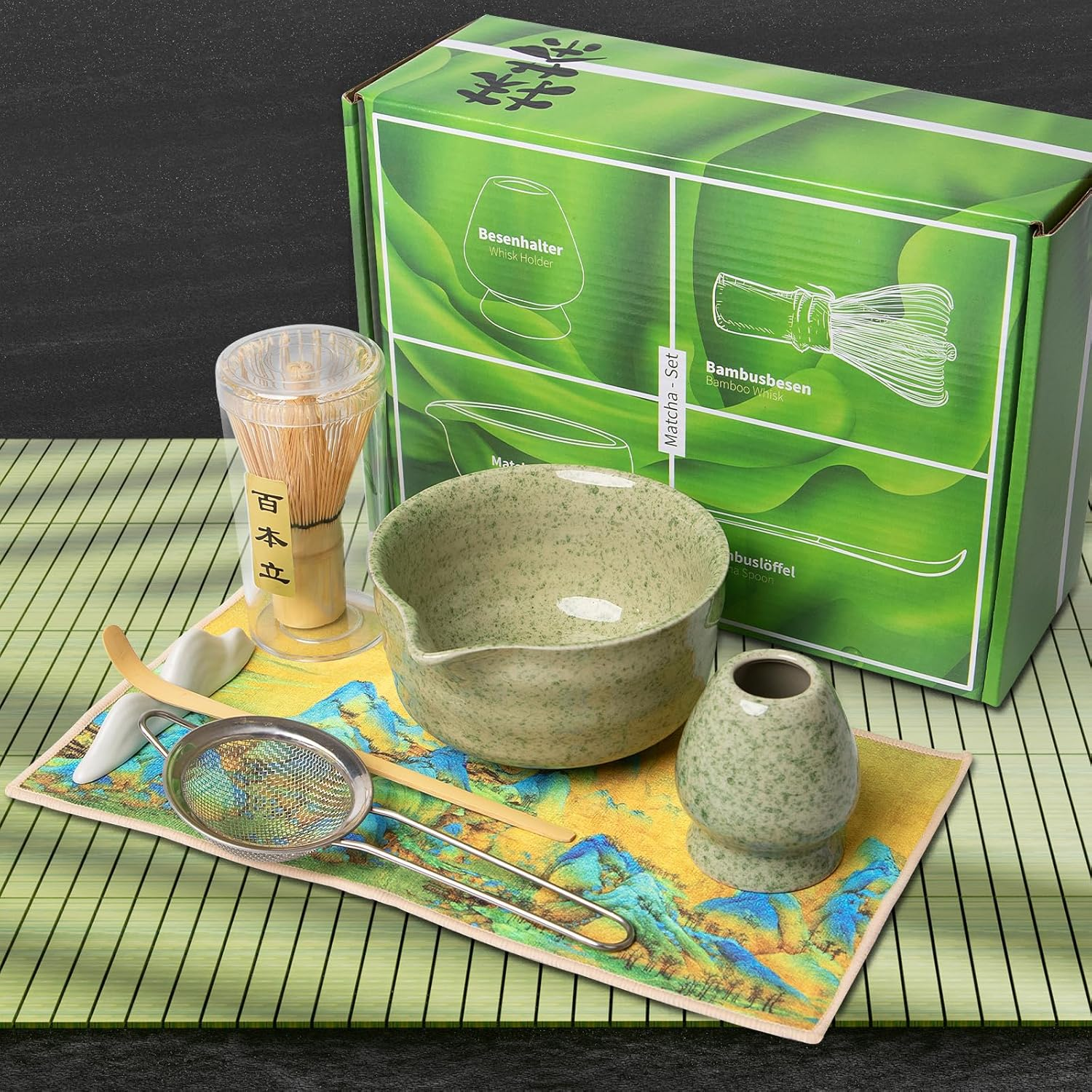 Matcha Whisk Set, 7-Piece Matcha Tea Set &ndash; Ceramic Bowl, Bamboo Whisk & Holder, Scoop & Rest, Sifter, Tea Towel &ndash; Traditional Tea Kit for Home, Kitchen & Gift Giving image number 3