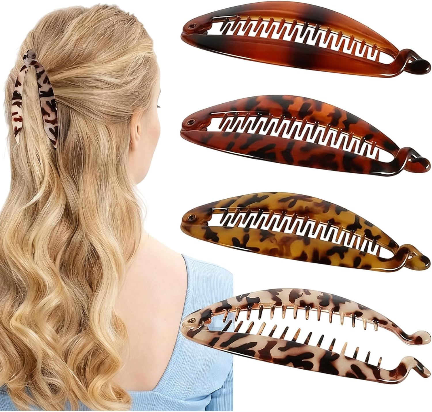 Xanthelle Banana Clip, Pack of 4 Large Banana Clip Hair, Flexible Banana Hair Clip for Women, Classic Hair Clip Banana for Thick & Thin Hair Styling