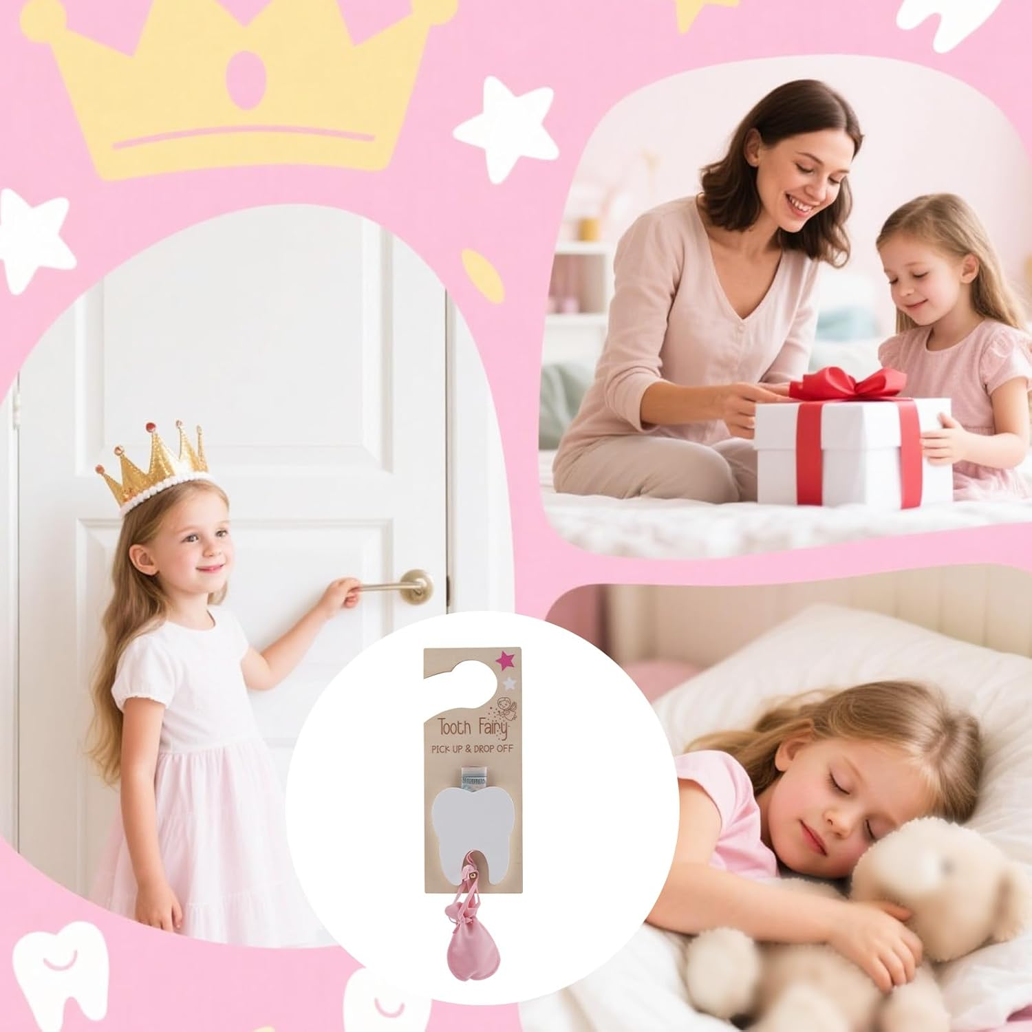 2 Set Tooth Fairy Door Hanger with Slot, Wooden Tooth Door Holder with Bag & Glass Bottle for Kids Room Decor Encourage Gift (Pink & Blue) image number 3