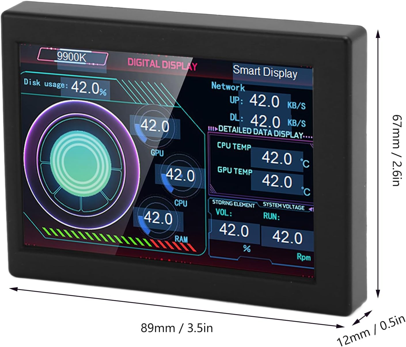 PC CPU Data Monitor, Plug and Play Computer Temperature Monitor Stepless Dimming 360 Degree Rotation 3.5 Inch Type-C Interface for Desktop (Black) image number 6