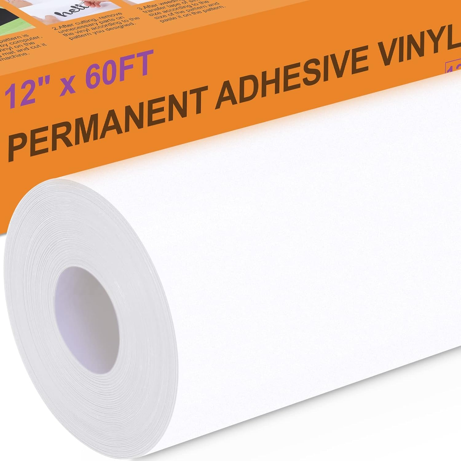 XSEINO White Permanent Vinyl - 12" X 60FT White Adhesive Roll Silhouette and Other Cutters, Permanent Outdoor for Cup,Decor Sticker, Car Decal, Scrapbooking, Signs(Glossy)