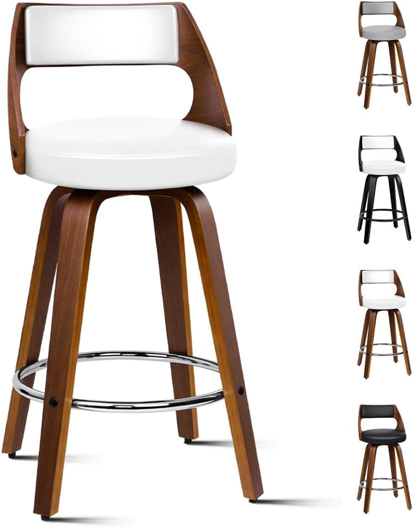 ALFORDSON Bar Stools 2X Swivel Kitchen Stool 65Cm Seat Height Wooden Counter Stool with Footrest and Adjustable Leg Levelers Leather Leather Dining Chairs for Home Bar Dining Room (Eden White) - 2 X Eden Black  White image number 2