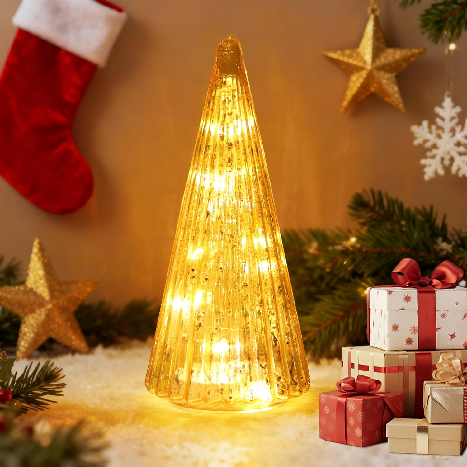 Mercury Glass Christmas Tree with LED Lights,Upgraded Table Top Christmas Tree Decorations with Timer,Widely Applicable to Party,Holiday Home and Mantel Decor (Gold)