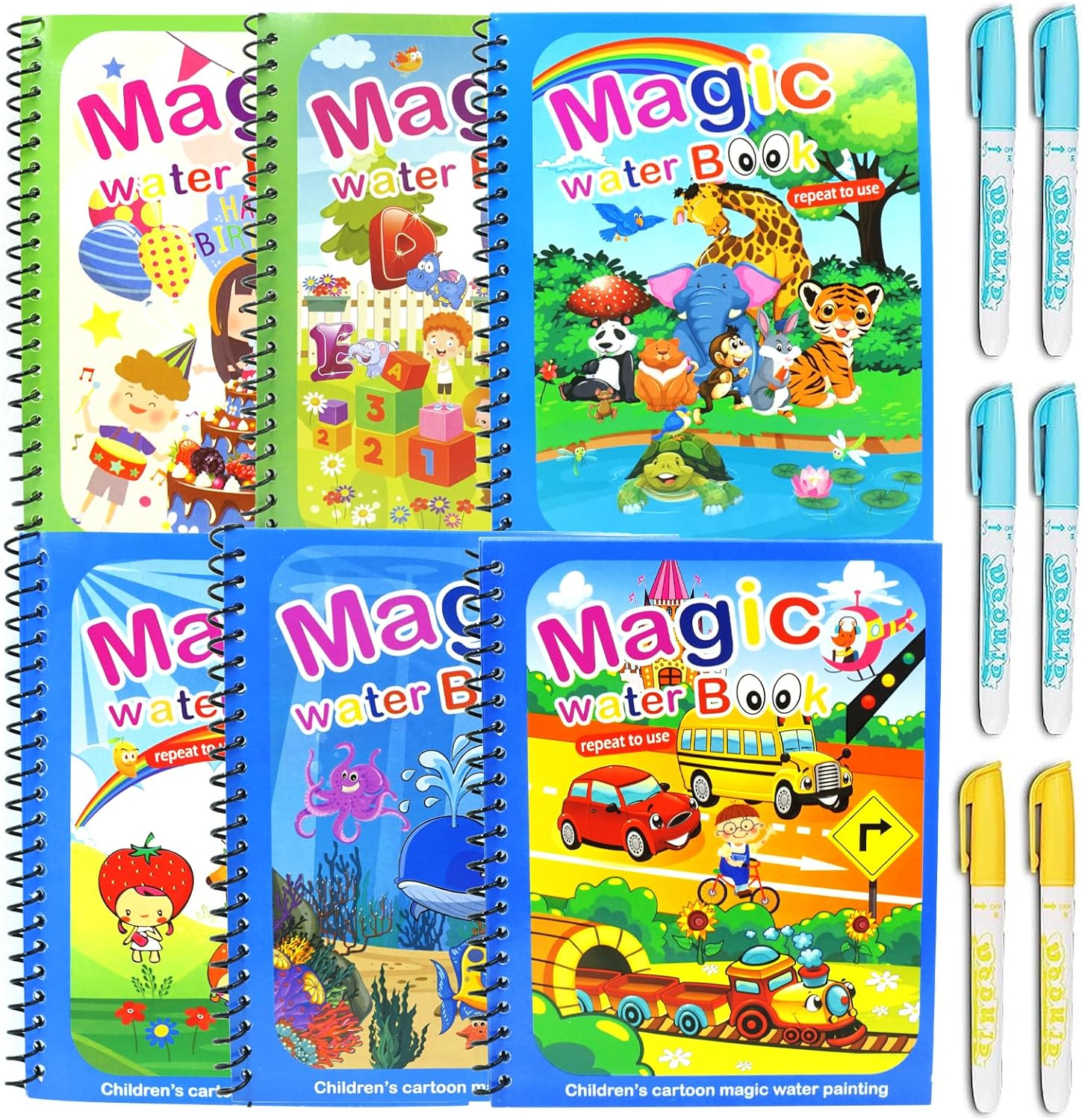 6-Pack Water Coloring Books for Toddlers, Reusable Color with Water Activity Pad, Animal World, under the Sea, Birthday Party, Fruit, Vehicle, Alphanumeric - Coloring Books for Toddlers Ages 3+ image number 3