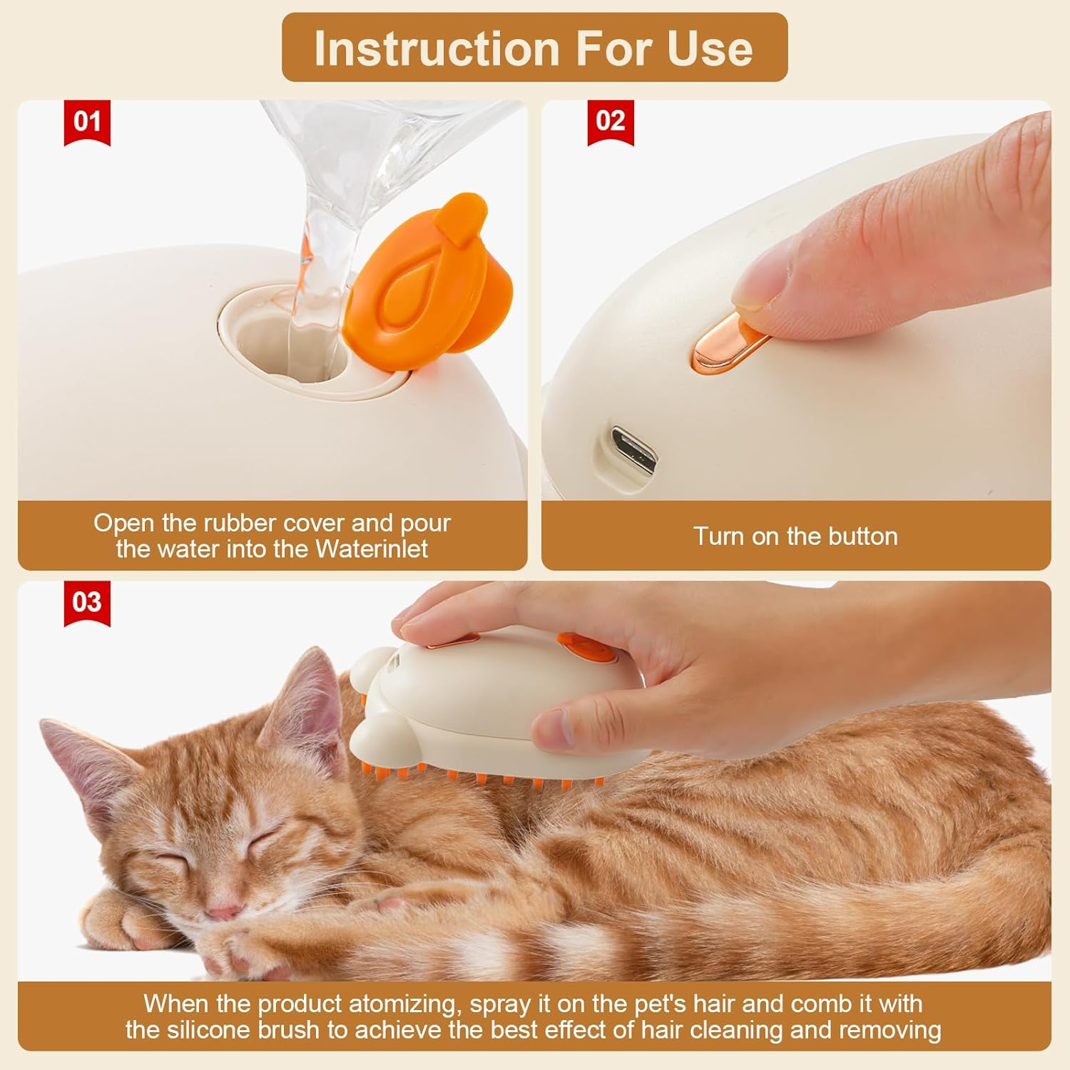 Cat Steam Brush Rechargeable Cat Brush Steamer for Shedding,Self-Cleaning Grooming Brush for Long &Short Haired Dogs and Cats,Remove and Clean Tangled &Loose Hair,Orange image number 2