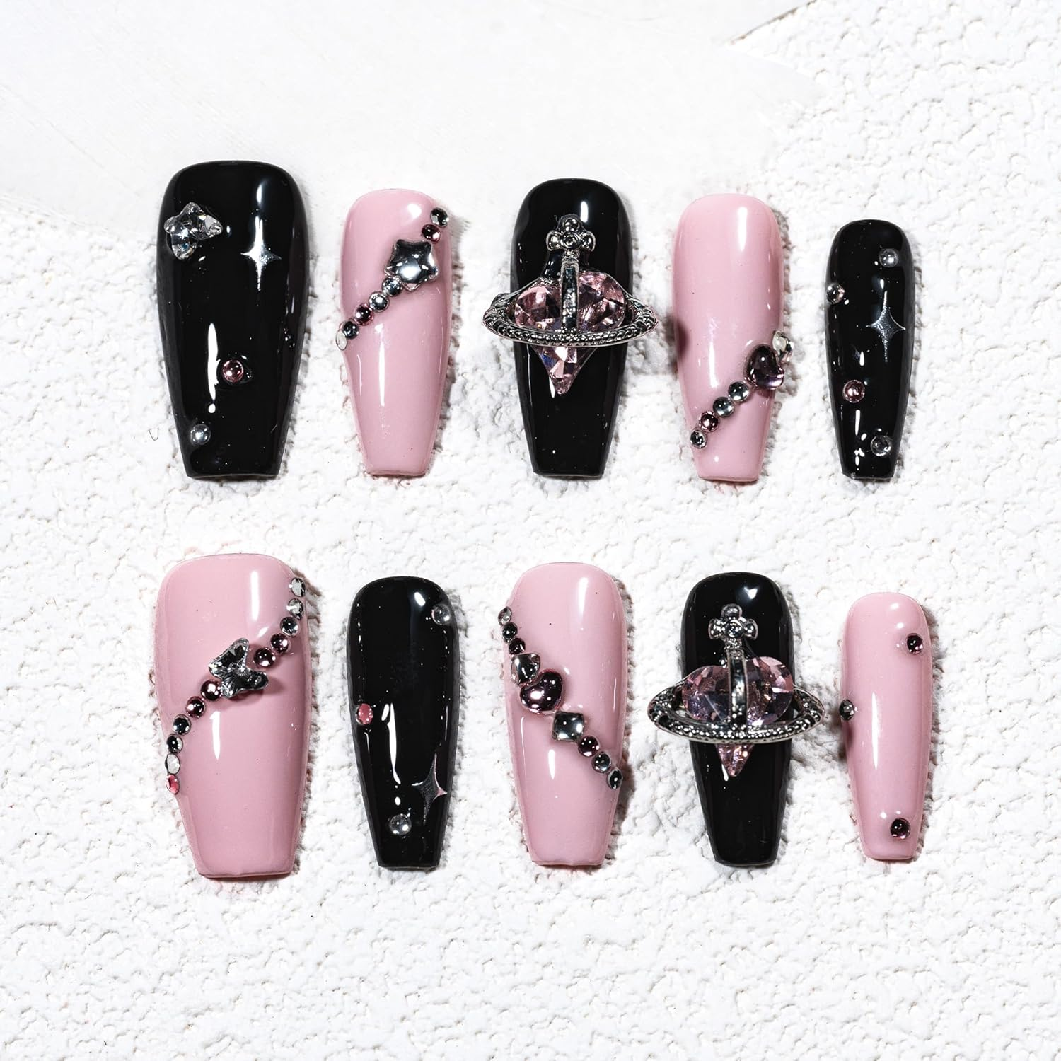 Sun&Beam Nails Handmade Press-On Medium Long Coffin Ballerina Pink Black Y2K Trendy Minimalist Design Fashion False Nail Tips 10 Pcs Set (#244 M) image number 1