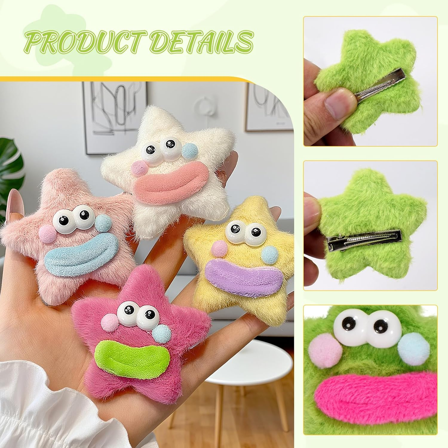 Star Hair Clips 6 Pack Sausage Mouth Star Smiley Face Design Plush Finish Star Pentagram Shapes Hair Clips Hair Accessories - Star Hair Clips
