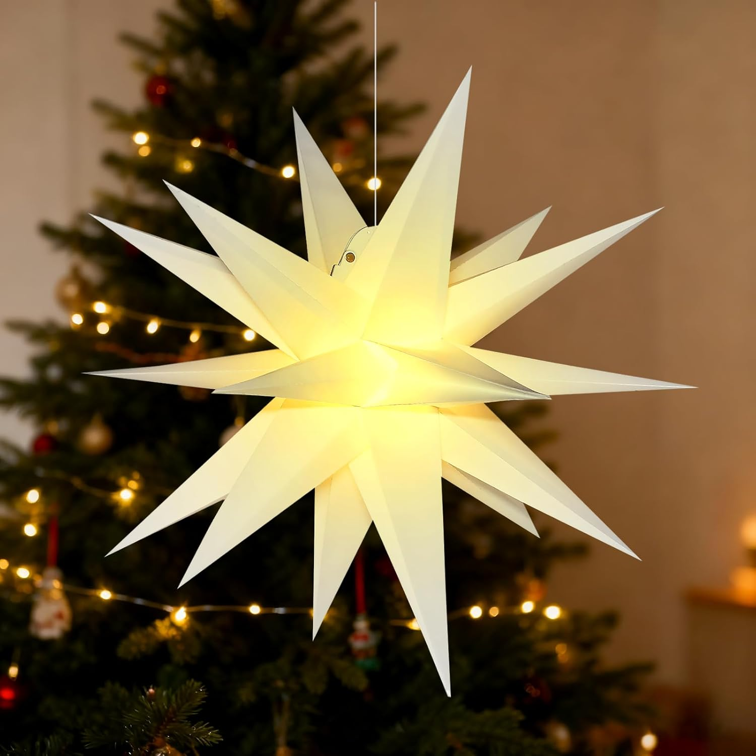 BAYHT 60 Cm Christmas Star Illuminated, 3D LED Christmas Tree Topper, Star Battery with Timer, Advent Star for Decorating Christmas Tree, Courtyard, Balcony and Garden