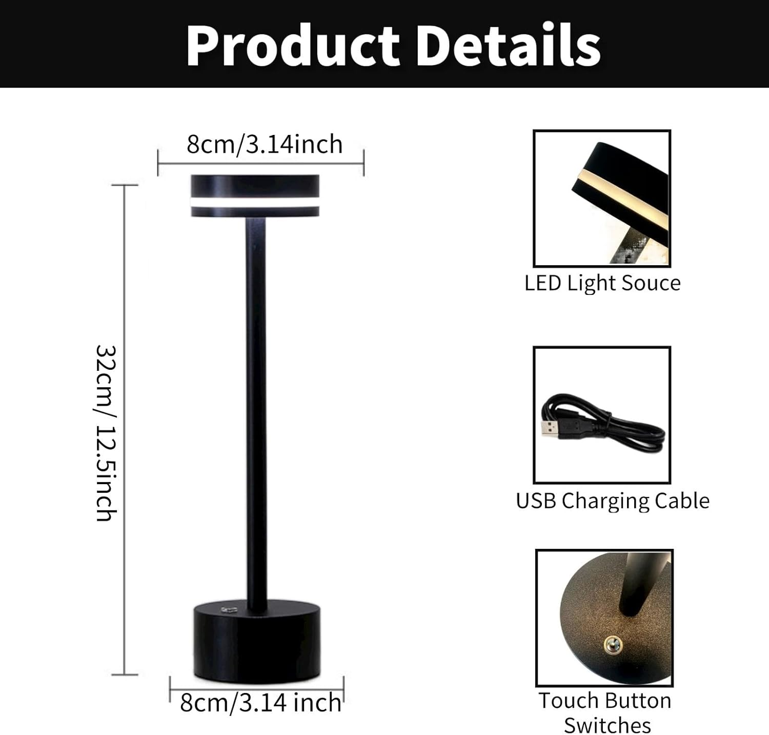 Cordless Table Lamps, Rechargeable beside Desk Lamp Battery Operated Nightstand LED Bedroom Night Light with Dimmable Brightness for Living Room, Home Office, Restaurant (Black)