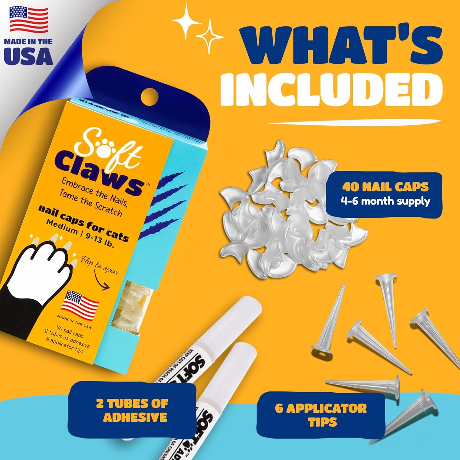 Soft Claws Cat Nail Caps for Medium Cats &ndash; (40 Caps, Blue & Gold) - Made in USA - Veterinarian-Developed | Protects Furniture & Skin - Easy to Apply, Long-Lasting Anti-Scratch Soft Cat Claw Covers image number 6