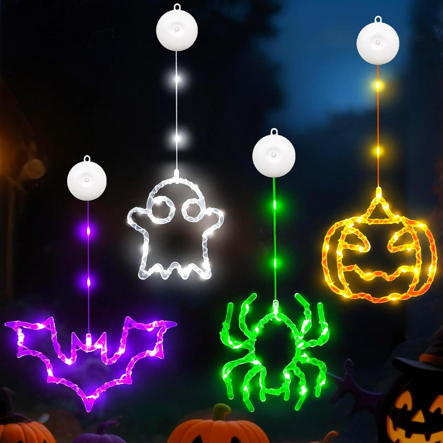 Halloween Decorative Fairy Lights, Pack of 4 Halloween Pumpkin Bat Spider Ghost Fairy Lights Battery with 6H Timer, 8 Light Modes, Window Lights with Suction Cup for Window Decoration (A) image number 5
