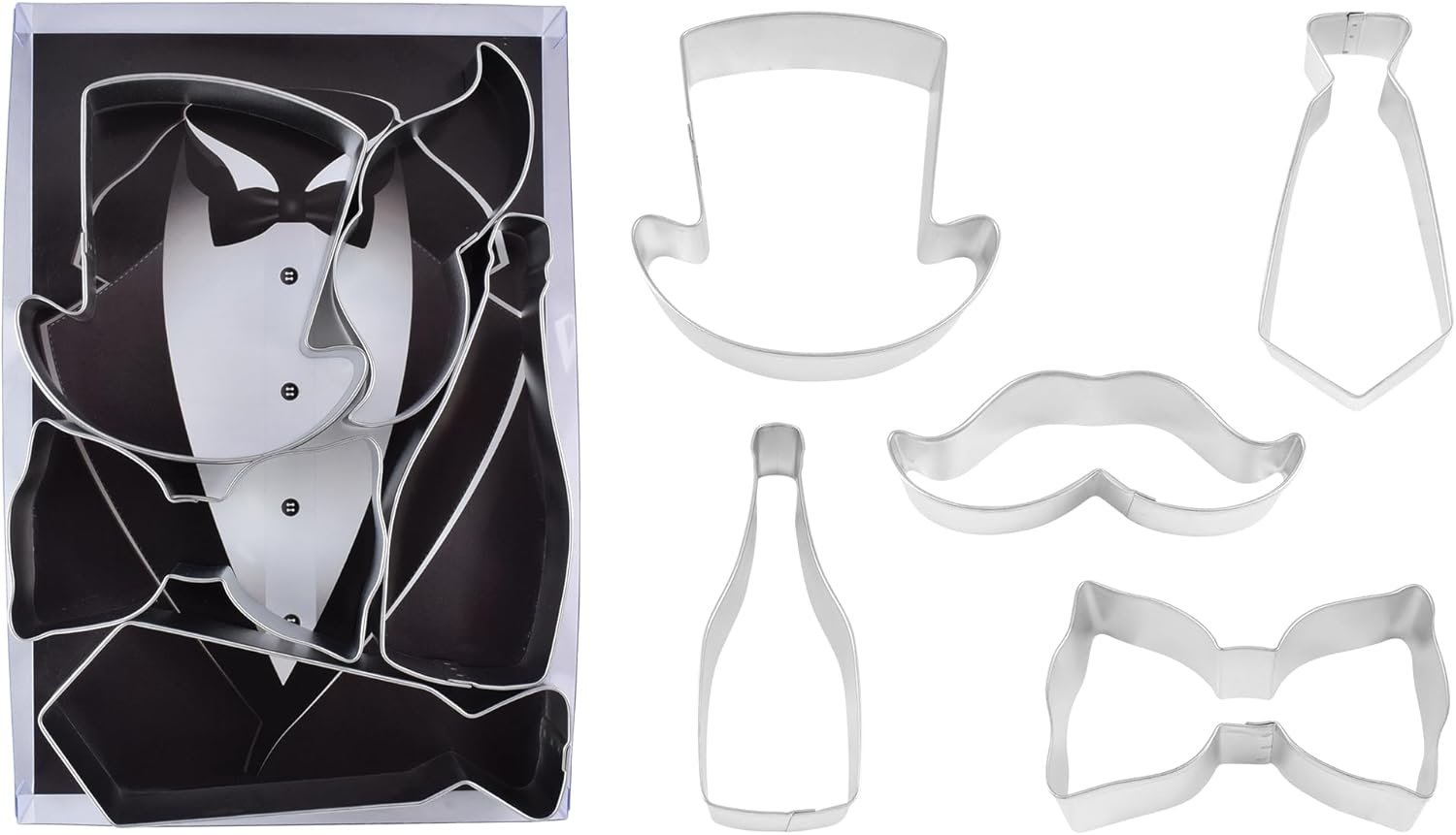 R&M International 1933 Handsome Gents Cookie Cutters, Bow Tie, Top Hat, Moustache, Champagne Bottle, Neck Tie, 5-Piece Set image number 5