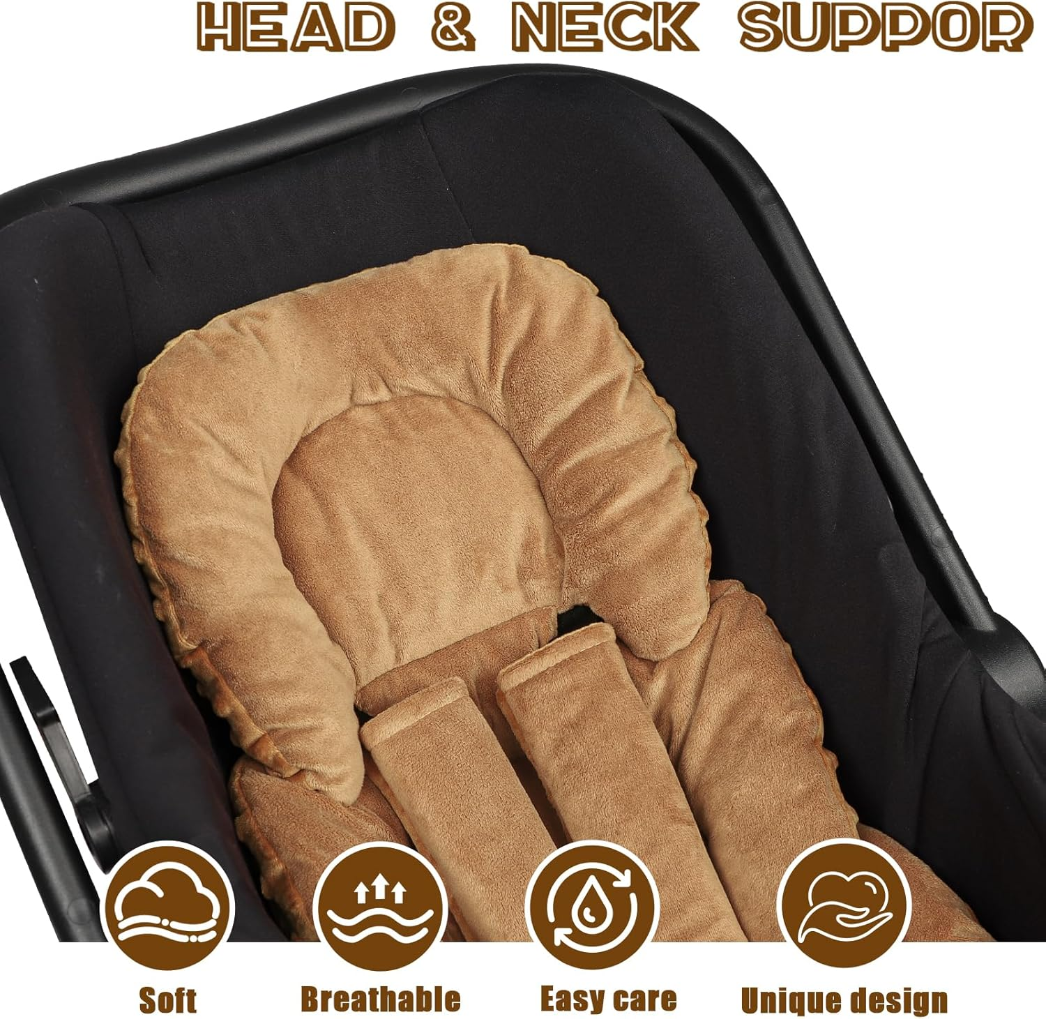 GFU Infant Car Seat Insert Head and Body Support, Reversible Newborn Insert for Carseat with Strap Pads, Soft Stroller Cushion Pillow Insert for Boys and Girls, Fits for Stroller, Swing, Brown