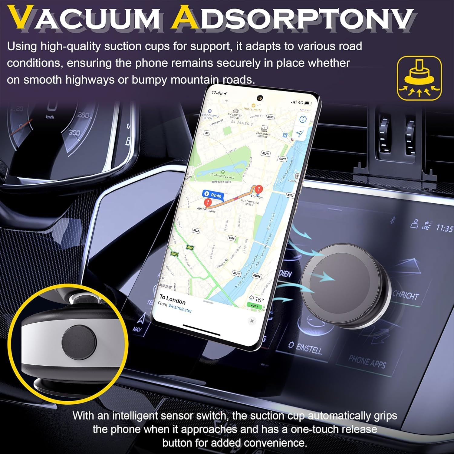 Necomi 360&deg; Electric Magnetic Vacuum Phone Holder, Double Sided Attachment Car Phone Mount, Hands Free Magnetic, Double Sided Phone Holder for Car Dashboard Mounting, Smooth Surfaces (Silver) image number 6